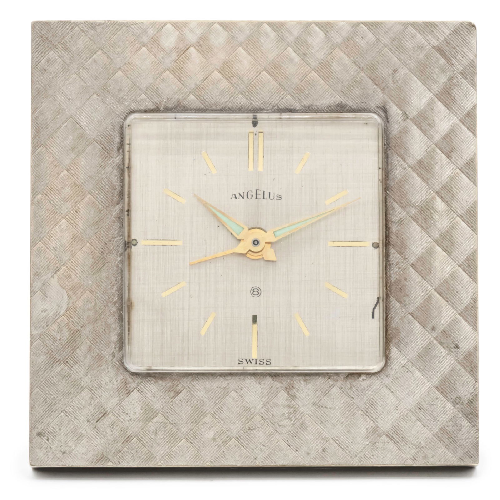 Angelus Desk Alarm Clock.: Angelus Desk Alarm Clock. 8 day mechanical movement, working condition. Alarm movement, working condition. 6.5x6.5cm.