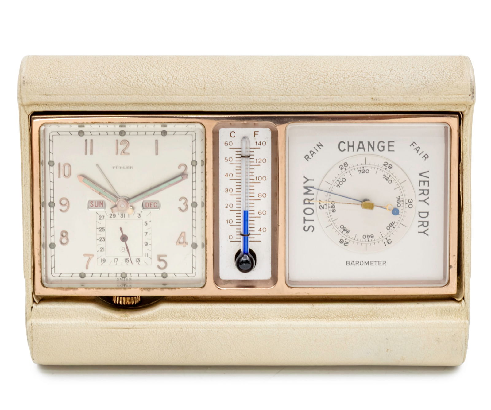 Angelus for Turler Triple Date Weather Table Travel Clock.: Angelus for Turler Triple Date Weather Table Travel Clock. Including: Clock (mechanical eight day movement, working condition, with day, date and month. Barometer. Thermometer. Metal case