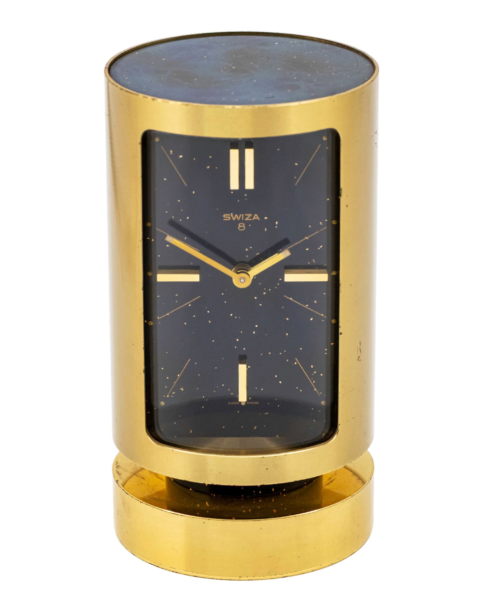 Swiza Table Alarm Clock.: Swiza Table Alarm Clock. Mechanical movement, 8 days, working condition. Alarm movement, working condition. Brass frame. Dial, top and stem made of enamel imitating lapis lazuli. 