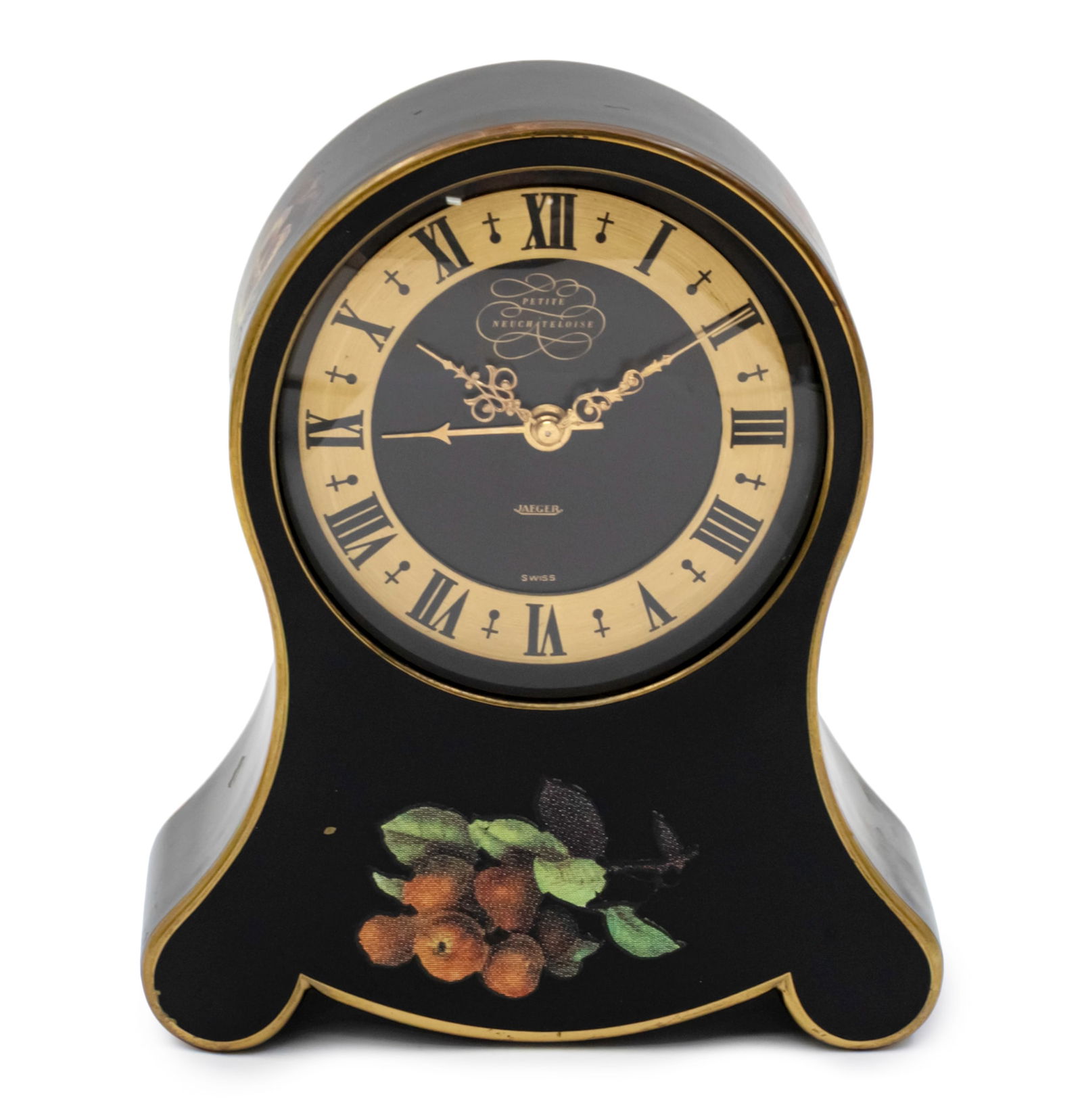 Jaeger Petite Neuchateloise Desk Musical Alarm Clock.: Jaeger Petite Neuchateloise Desk Musical Alarm Clock. Mechanical movement, working condition. Musical alarm movement, working condition. Height: 12.5cm. Width: 10.5cm. Depth: 4cm. Some paint