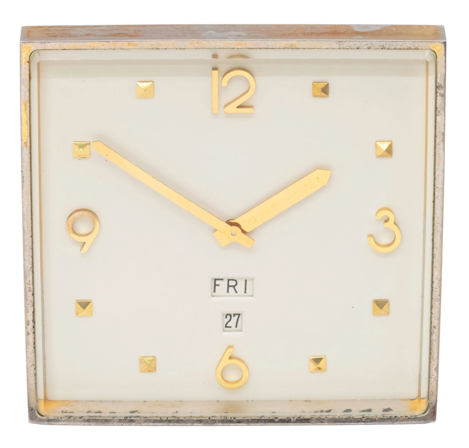 Table Clock.: Table Clock. Mechanical movement, eight days, working condition. Day, date. 10x10cm.