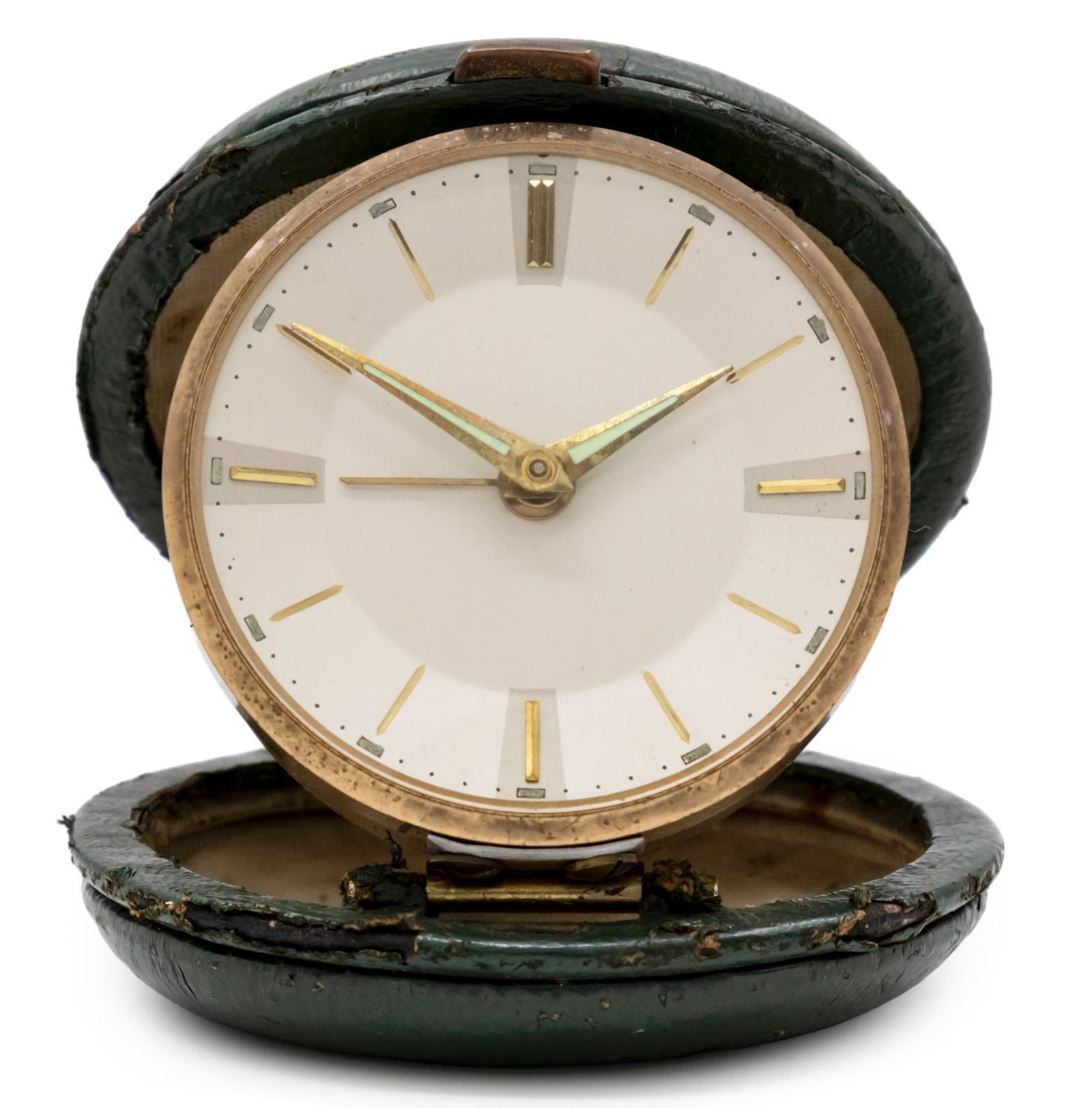 Mercedes Folding Alarm Clock.: Mercedes Folding Alarm Clock. Probably a marketing clock given by the automobile company. Green leather case (some wear). Mechanical movement, working condition. Alarm movement, working