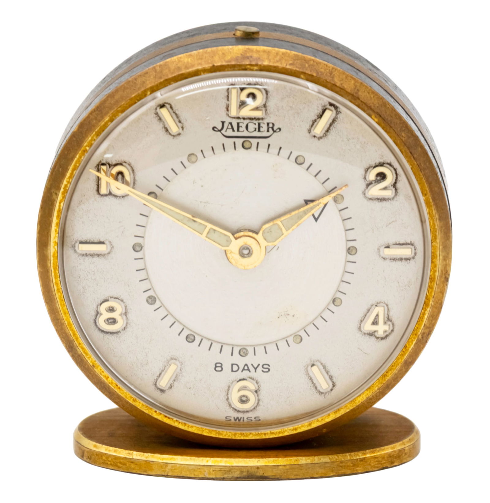 Jaeger Desk Alarm Clock.: Jaeger (later known as Jaeger Le Coultre) Desk Alarm Clock. 8 day mechanical movement, working condition. Alarm movement, working condition. Numbered 51. Height: 5.1cm.