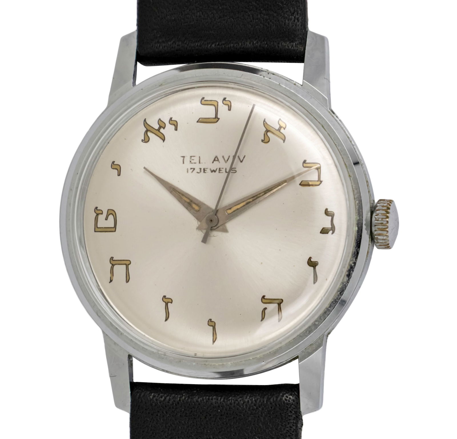 Tel Aviv Wrist Watch, Hebrew Letter Index.: Tel Aviv Wrist Watch, Hebrew Letter Index. Mechanical movement, working condition. Leather strap. 33mm. Cal: Durowe 471