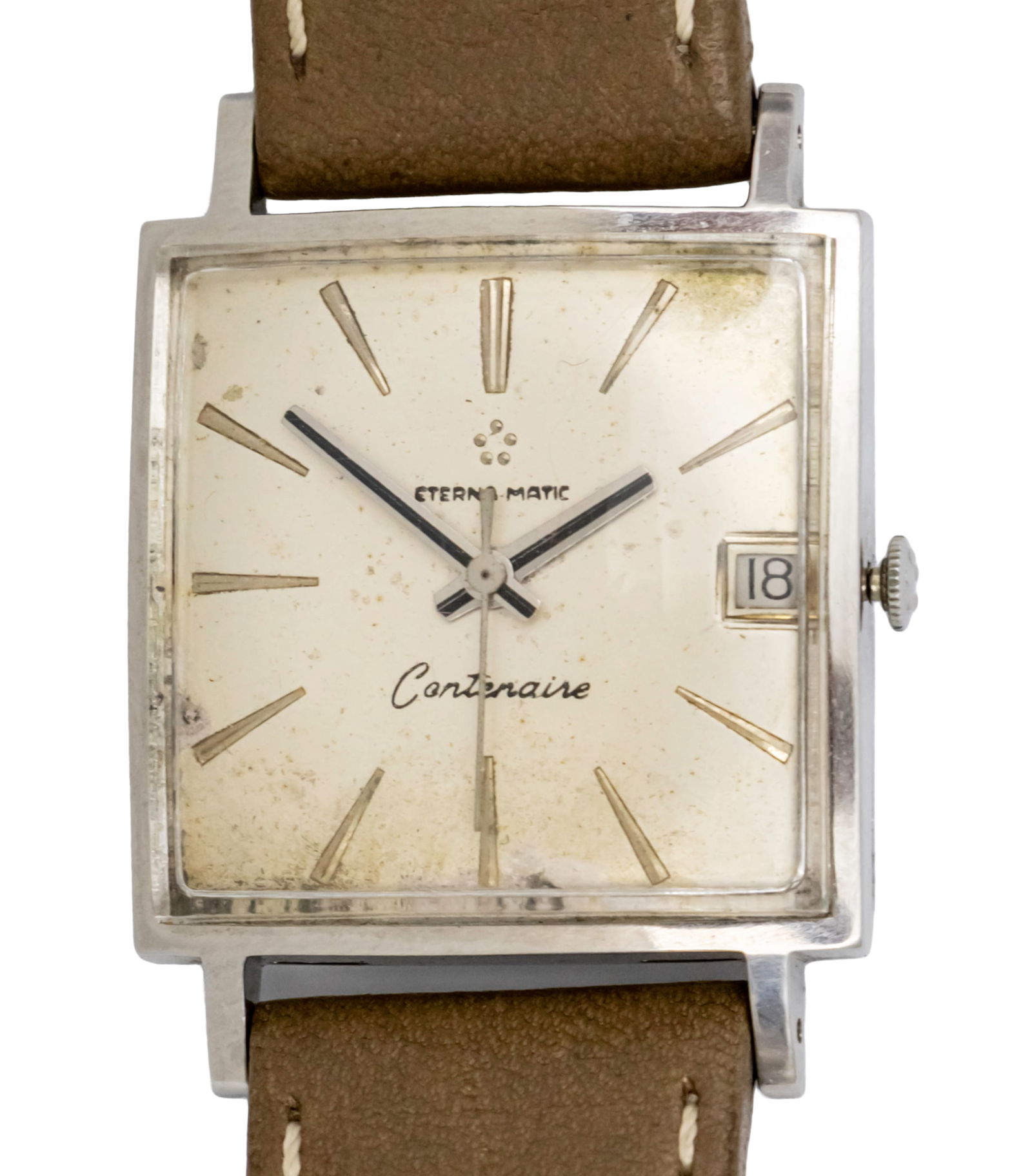 Eterna Matic Centenaire Wrist Watch.: Eterna Matic Centenaire Wrist Watch. Automatic movement, working condition. Date. Leather strap. 30x30mm. Cal: 1438U Ref: 165