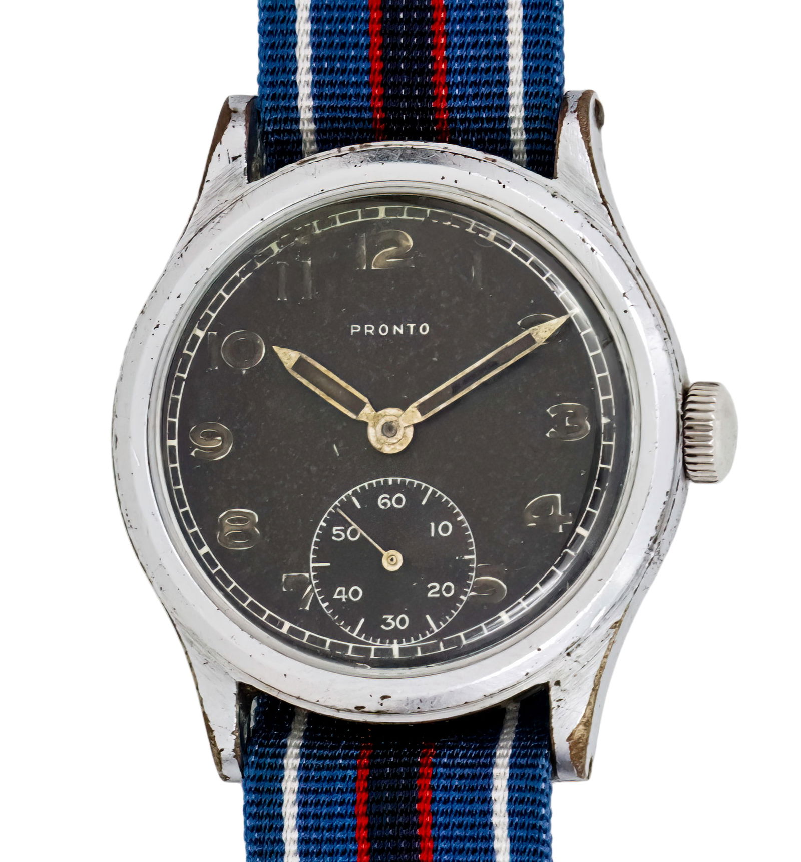 Pronto Wrist Watch, German Military, WWII, 1940s.: Pronto Wrist Watch, German Military, WWII, 1940s. Mechanical movement, working condition. Black dial. 34mm. This military watch issued to the German Army during World War II features the "D"