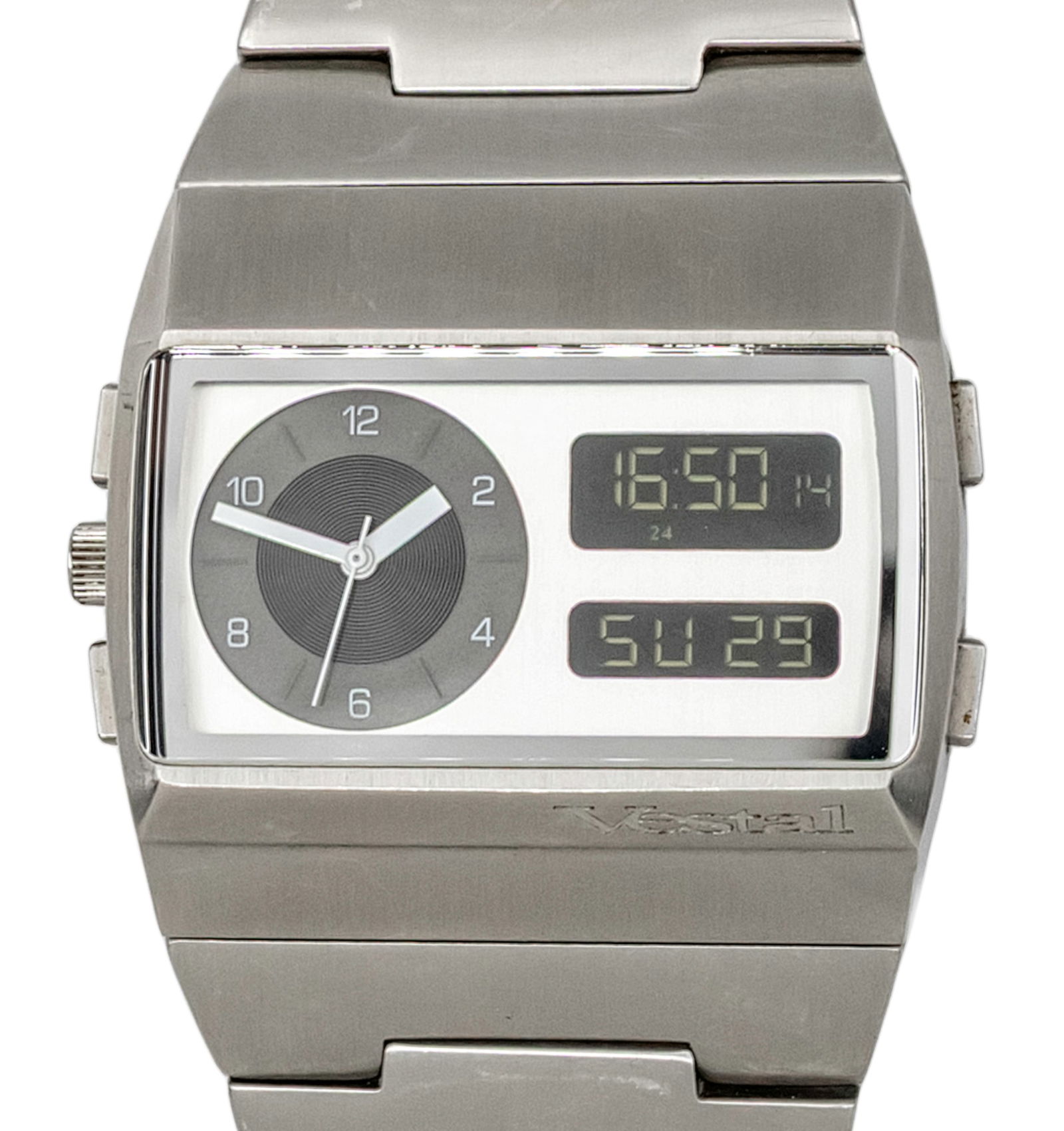 Vestal Monte Carlo Wrist Watch.: Vestal Monte Carlo Wristwatch. Quartz movement, working condition. Double display. Back light, date, day, alarm and stopper. Original stainless steel bracelet and deployment clasp -