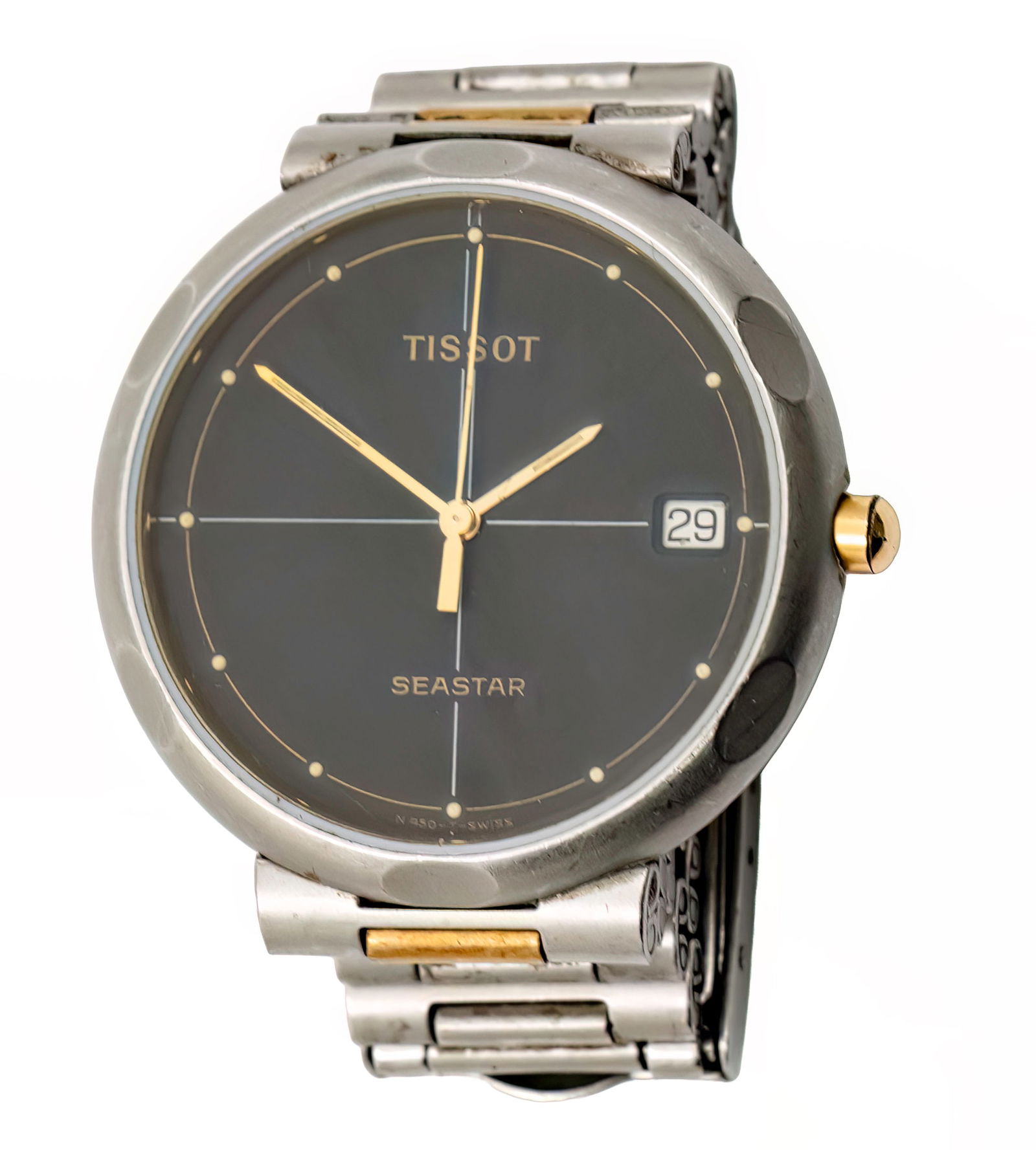 Tissot Seastar Wristwatch.: Tissot Seastar Wrist Watch. Quartz movement, working condition. Date. Original stainless steel bracelet with deployment clasp. 34mm. N350/450