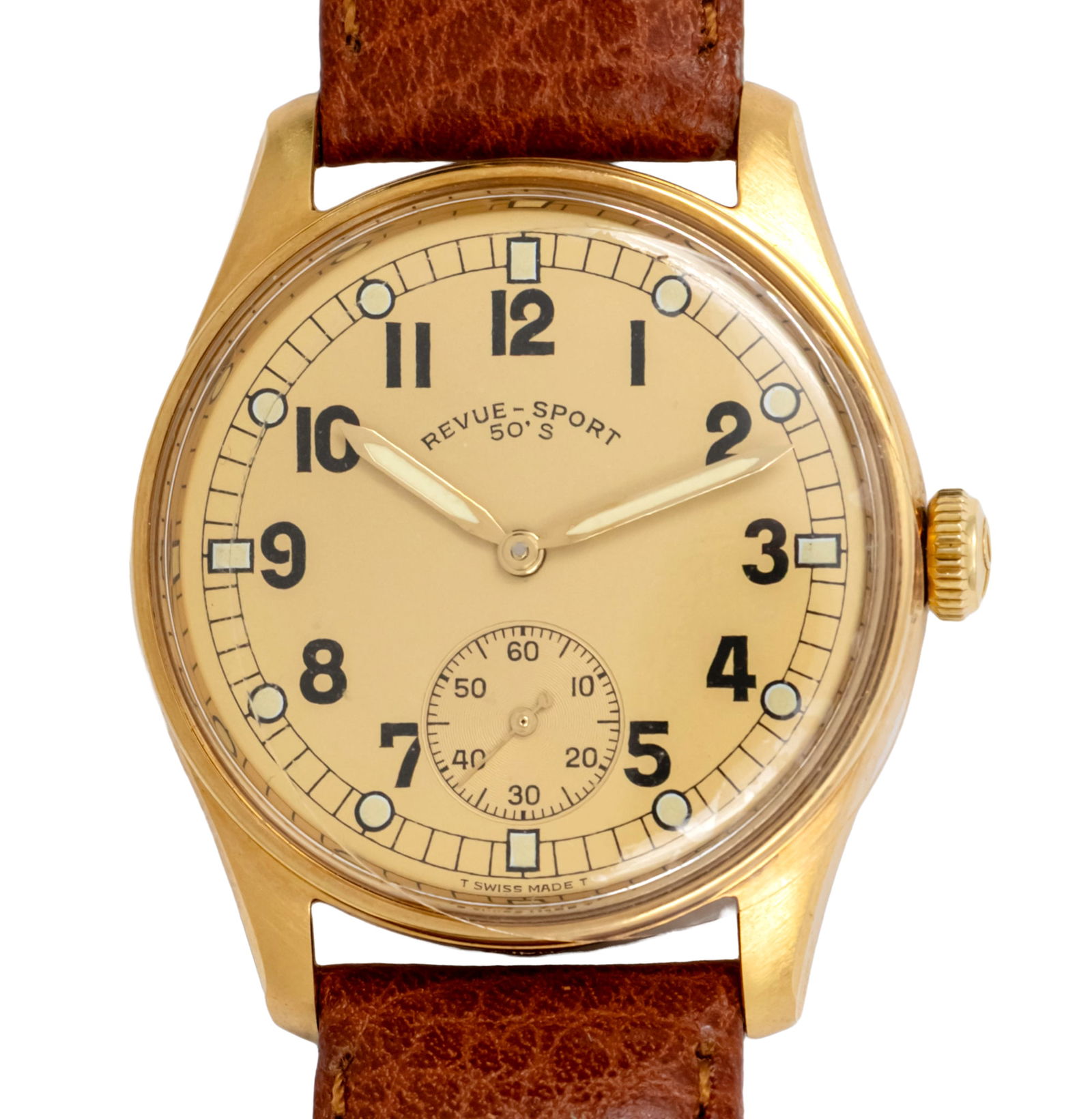 Revue Thommen Sport 50s Limited Edition Wrist Watch, NOS.: Revue Thommen Sport 50s Limited Edition Wrist Watch, NOS. Limited edition, numbered - 369/500. Mechanical movement, working condition. Separate seconds dial. Gold plated bezel. 