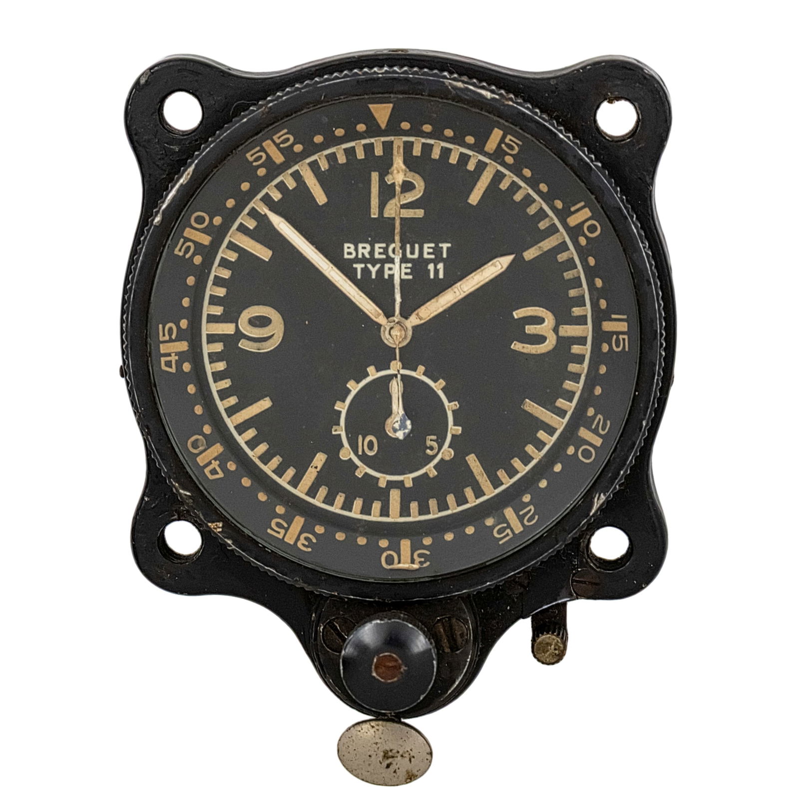 Breguet Type 11 Military Airplane Dashboard Chronograph Cockpit Watch, Circa 1960.: Breguet Type 11 Military Airplane Dashboard Chronograph Cockpit Watch, Circa 1960. Mechanical movement, working condition. 61x74mm. Cal: Valjoux 551