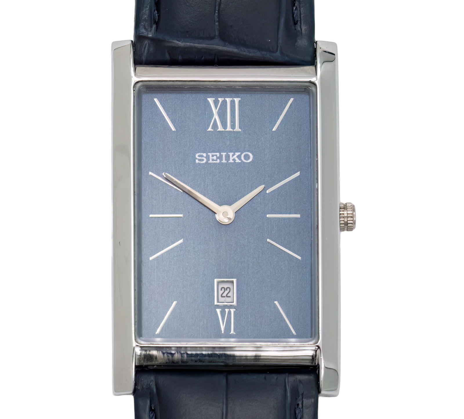 Seiko Tank Wristwatch.: Seiko Tank Wrist Watch. Quartz movement, working condition. Date (quick set). Dark blue leather strap. Original buckle. 37x28mm. Ref: N30-00G0
