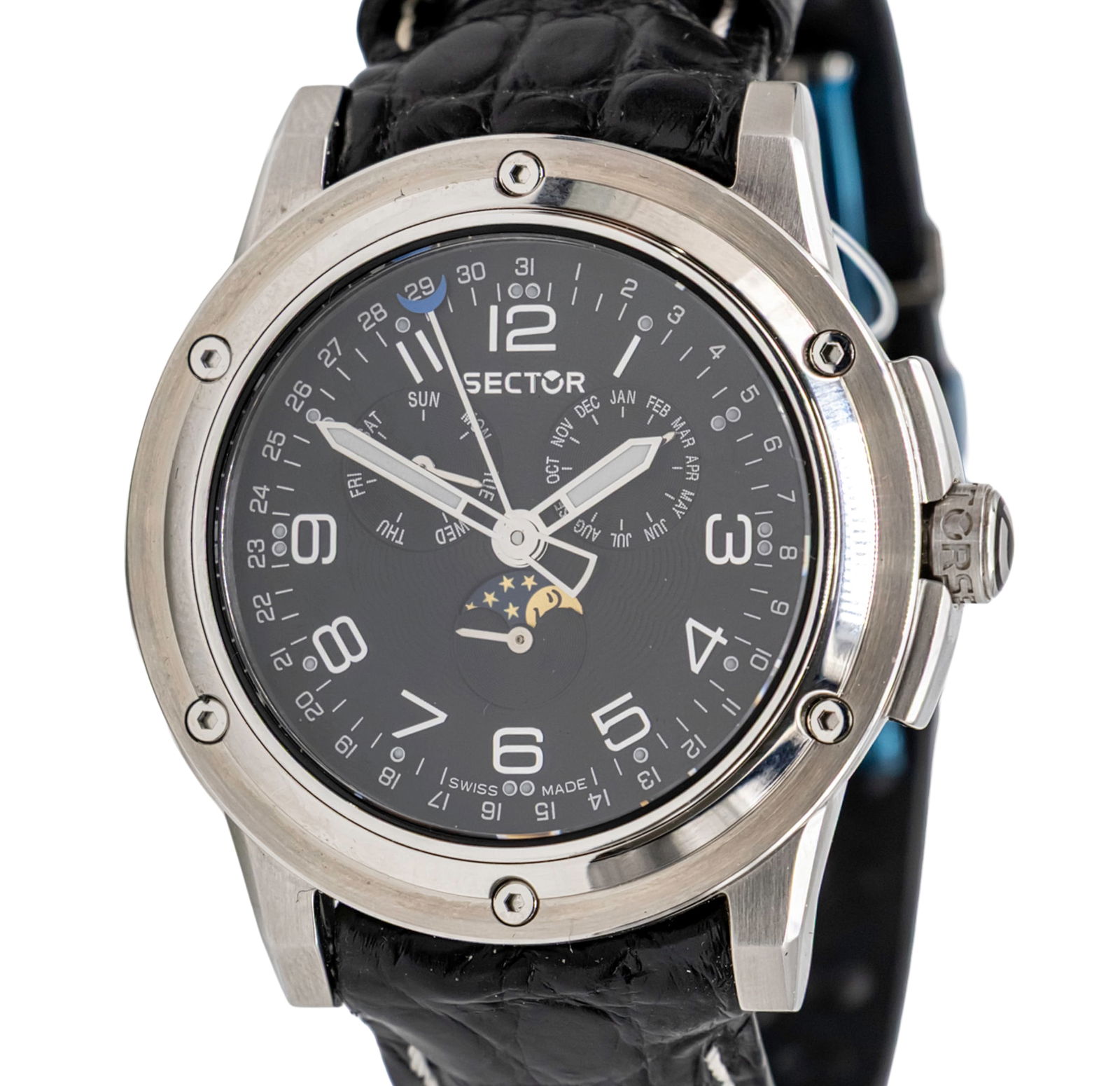 Sector Triple Date Moon Phase Wristwatch.: Sector Triple Date Moon Phase Wrist Watch. Quartz movement, working condition. Date, day, month, moon phase. Original leather strap with original deployment clasp. Comes also with an original stainles