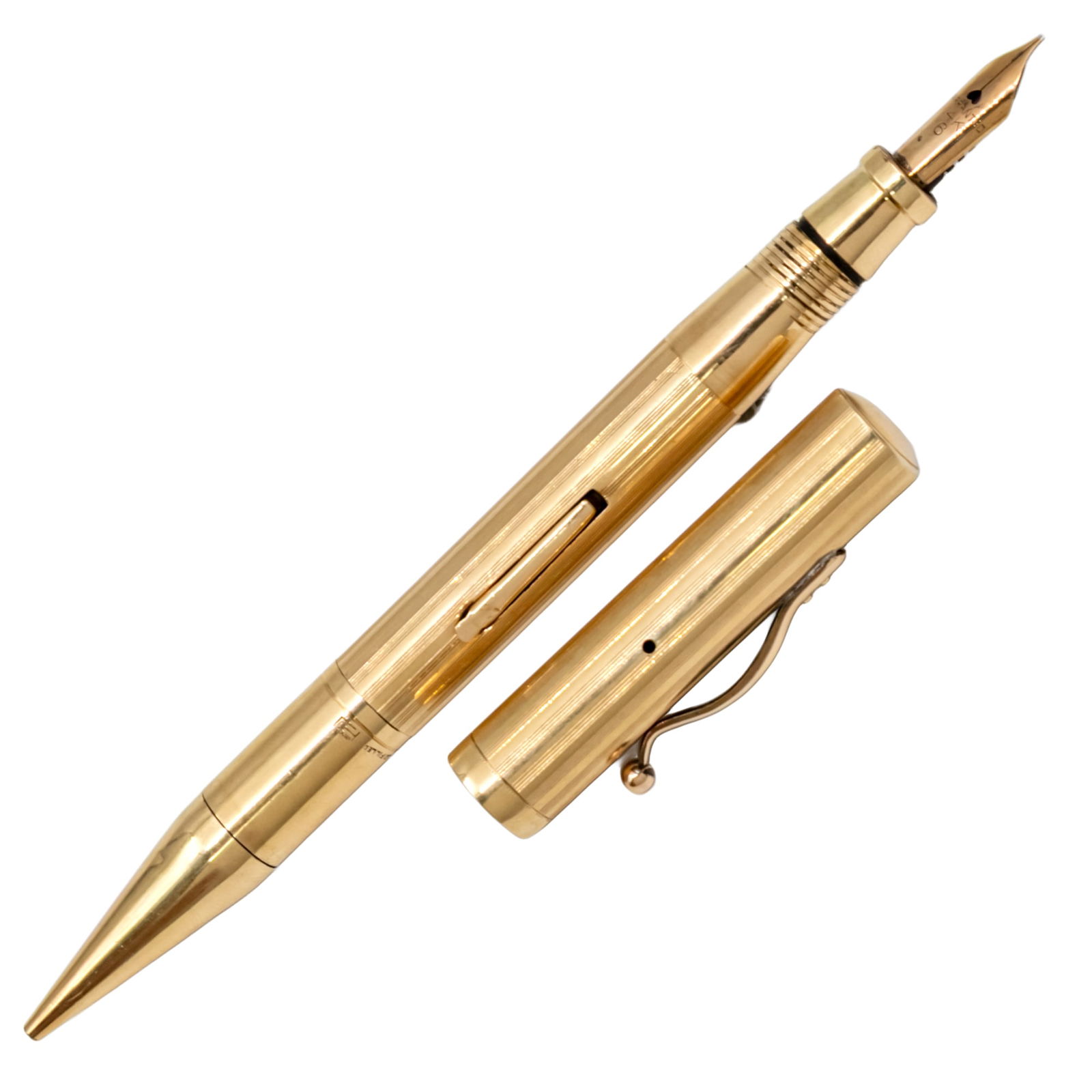 Louis Tamis & Sons Fountain Pen and Propelling Pencil Combined.: Louis Tamis and Sons Fountain Pen and Propelling Pencil Combined. Double sided, one with a fountain pen with 14k gold nib, the other side with a propelling pencil. Marked - LT and Sons 14.5cm.