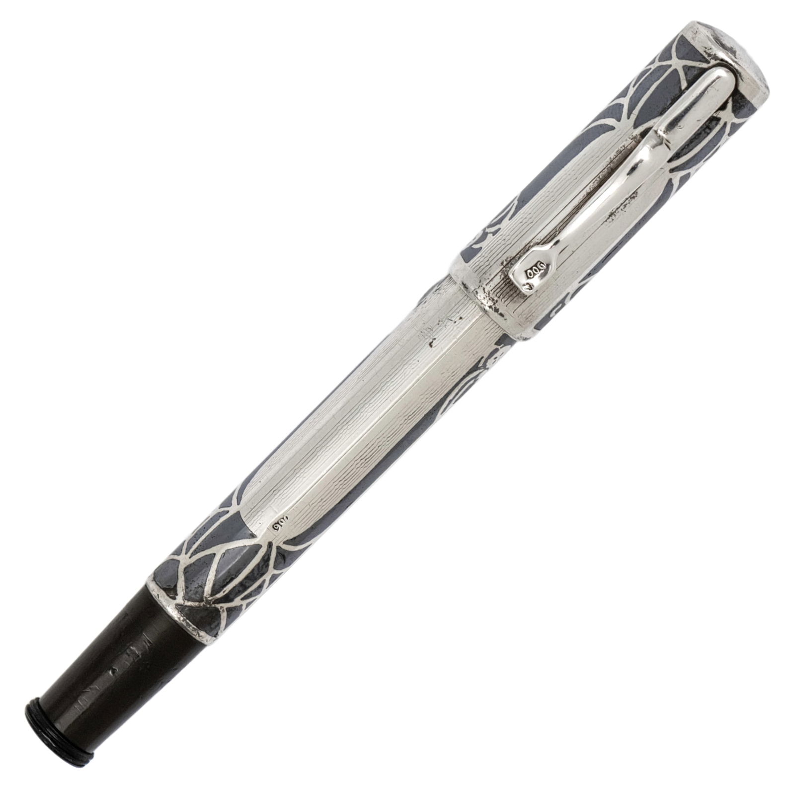Morton Silver Fountain Pen.: Morton Silver Fountain Pen. Silver (900, marked) cap and barrel with spider web decoration. 10.5cm.