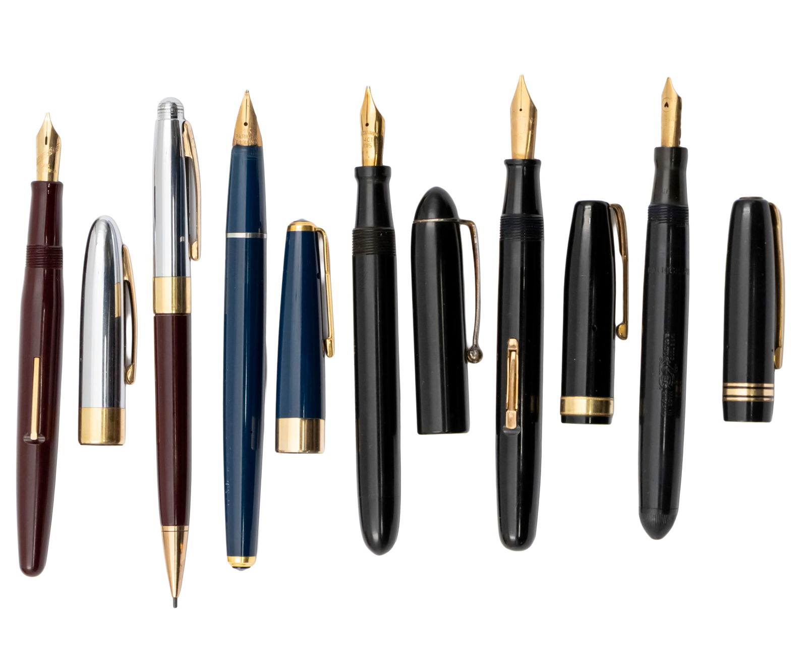 Lot of Five Fountain Pens.: Lot of Five Fountain Pens. Including: Parker 17, 14k gold nib. Waterman, 14k gold nib. Swan Mabie, Todd and Co, 14k gold nib. Commonwealth Pen, 14k gold nib (Waterman). Eversharp, 14k gold nib,