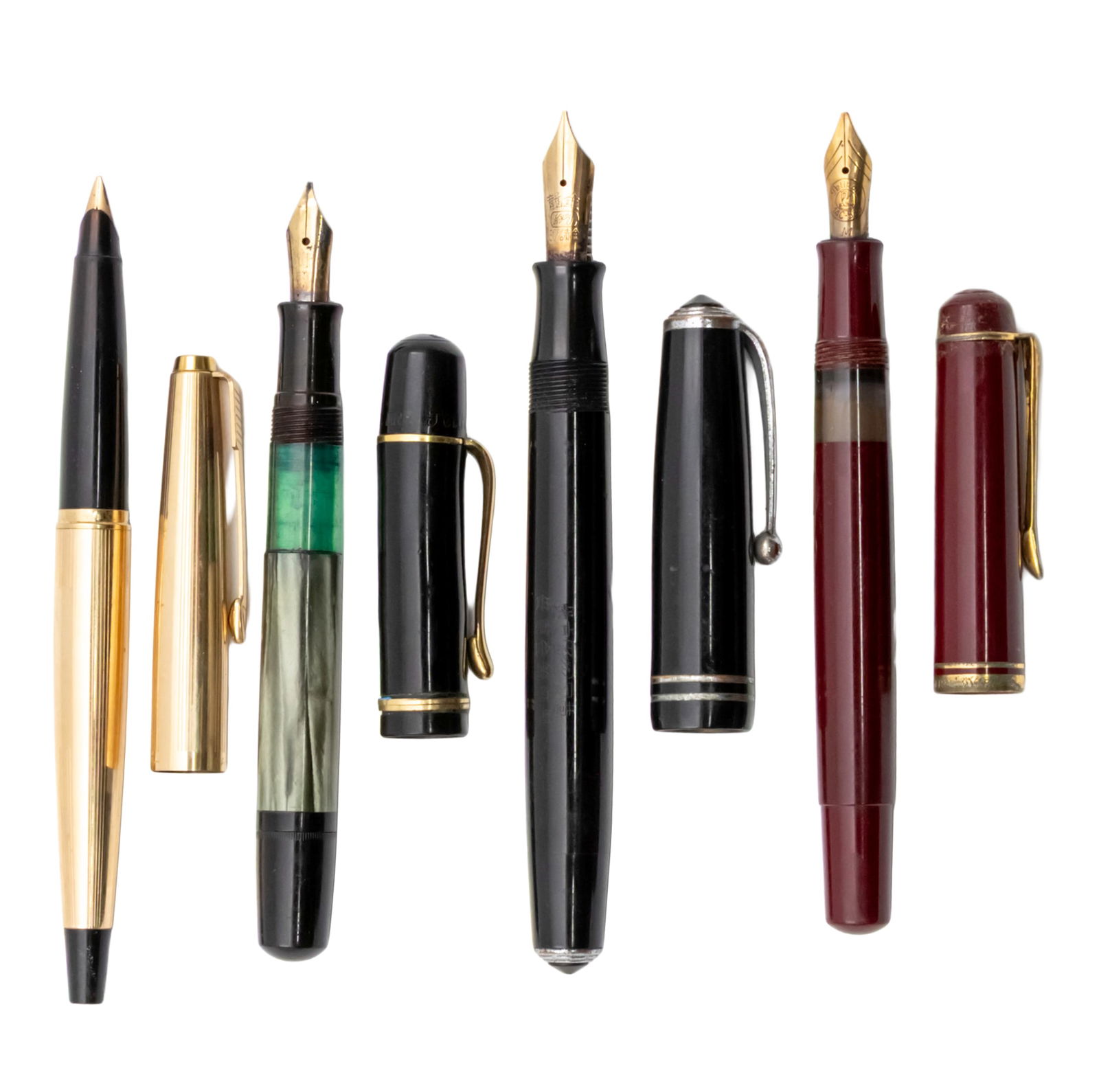 Lot of 4 Fountain Pens.: Lot of 4 Fountain Pens. Two Pelikan fountain pens, 14k gold nibs, damage (mainly to the caps). Chinese fountain pen, 14k gold nib. Parker 45 Insignia fountain pen, 14k gold nib.