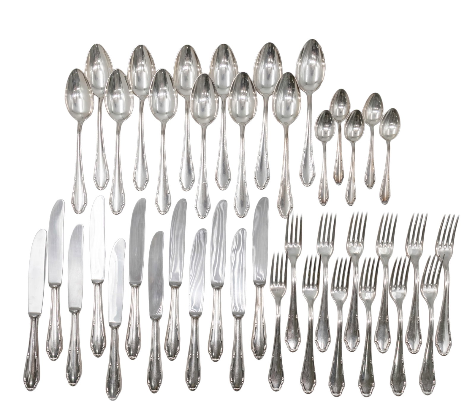 Silver Flatware Cutlery Set, 41pcs, Otto Kaltenbach, Germany, Early 20th Century.: Silver Flatware Cutlery Set, 41pcs, Otto Kaltenbach, Germany, Early 20th Century. Including: 12 forks (21cm). 12 knives (23.5cm) - stainless steel blades. 12 spoons (21cm). 5 teaspoons (14cm).