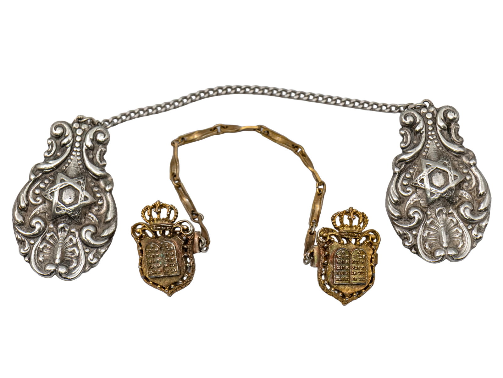 Sterling Silver Talit Holder Clips, Judaica.: Sterling Silver Talith Holder Clips. Decorated with a Star of David, Marked, 32gr. With another holder, gilt metal, decorated with the Tables of the Decalogue and a crown.