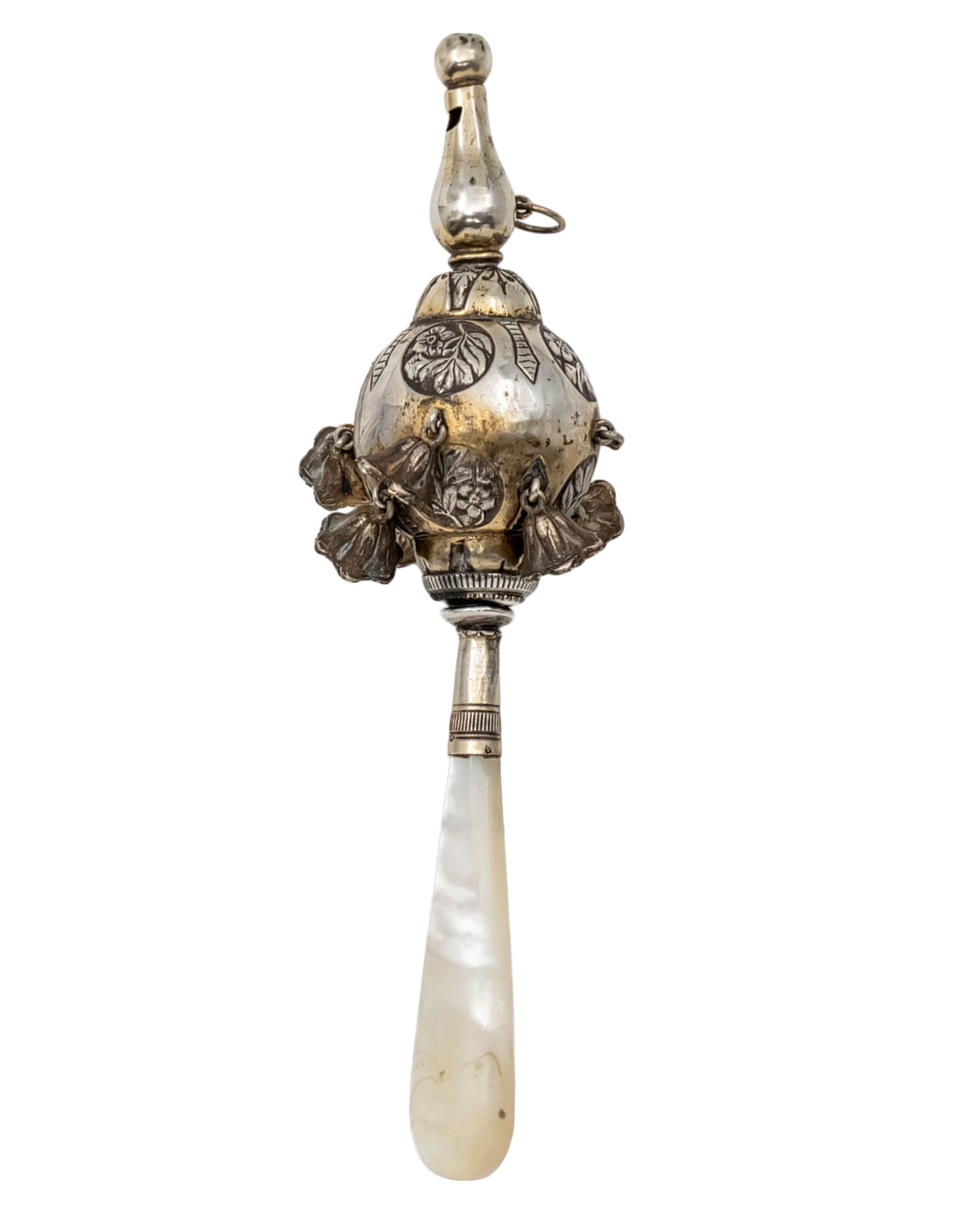 Silver and Mother of Pearl Baby Rattler Whistle, Circa 1900. (1 of 5)