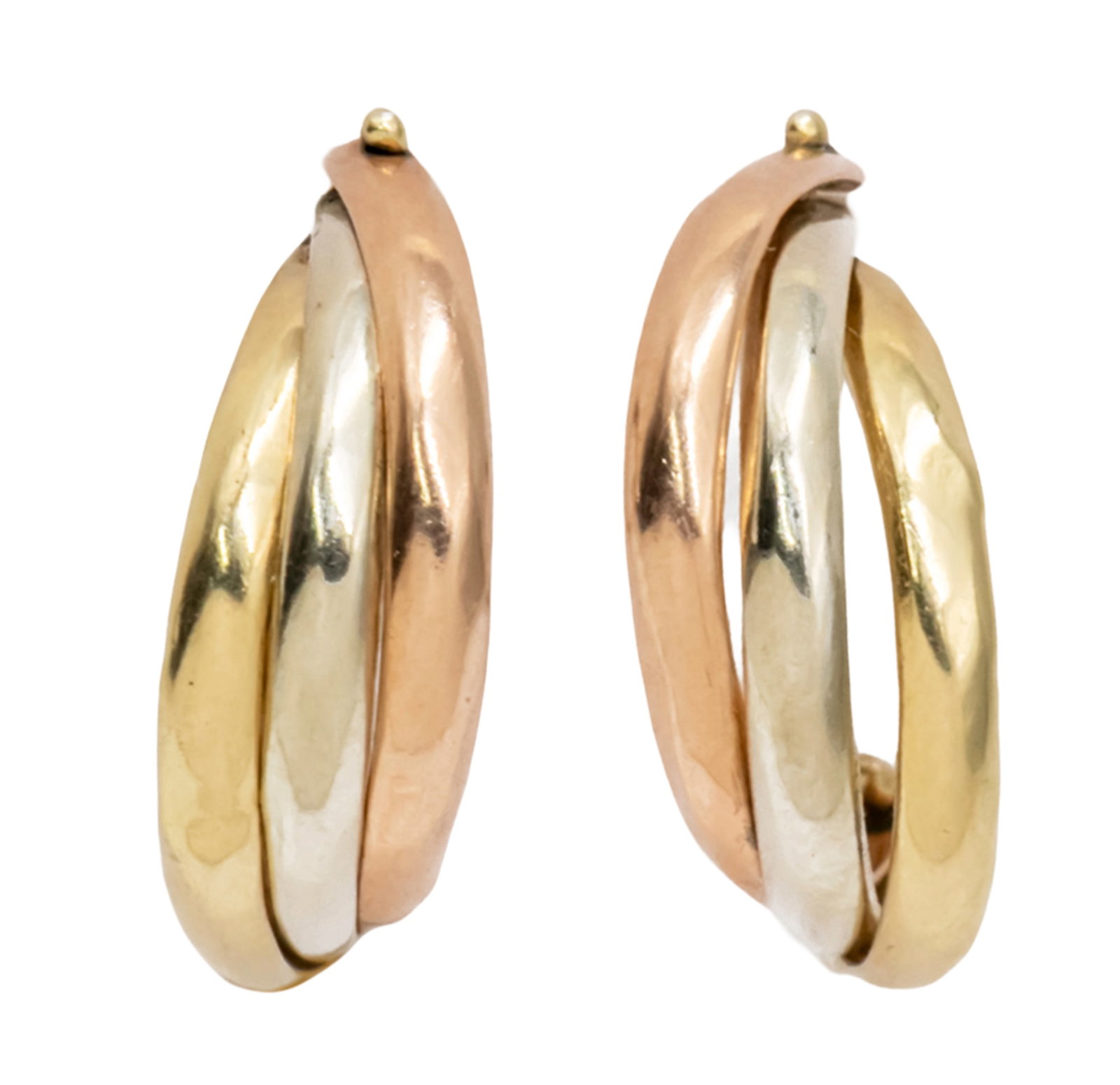 Pair of 14k Yellow, Rose and White Gold Earrings.: Pair of 14k Yellow, Rose and White Gold Earrings. Butterfly closure. Marked. Length: 2.2cm. 4.44gr.