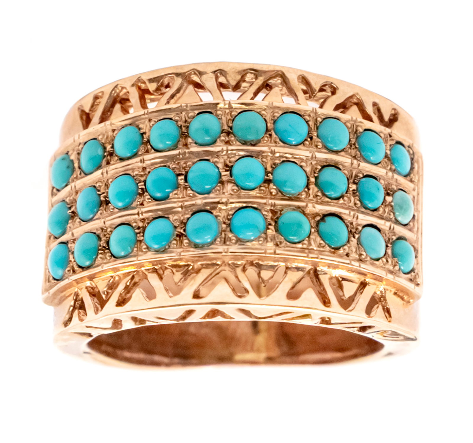 9k Rose Gold Turquoise Ring.: 9k Rose Gold Turquoise Ring. 30 cabochon cut turquoises. Marked. Size: 7. 7.26gr.