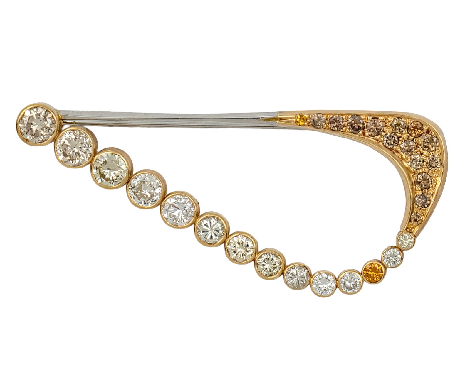 18k Yellow Gold Diamond Brooch.: 18k Yellow Gold Diamond Brooch. 29 diamonds in total weight of about 4ct. Marked. 5.6x2.9cm. 6.90gr.