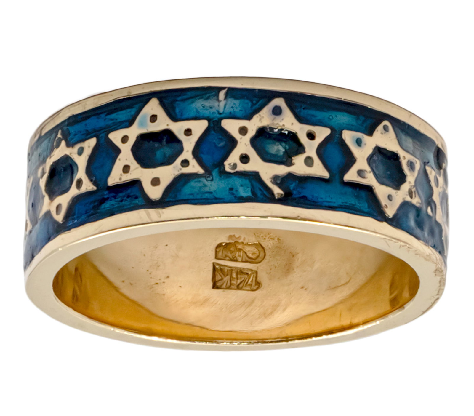 14k Yellow Gold Star of David Enamel Ring.: 14k Yellow Gold Star of David Enamel Ring. With Stars of David over blue enamel background. Marked. Size: 7.25. 7.02gr.
