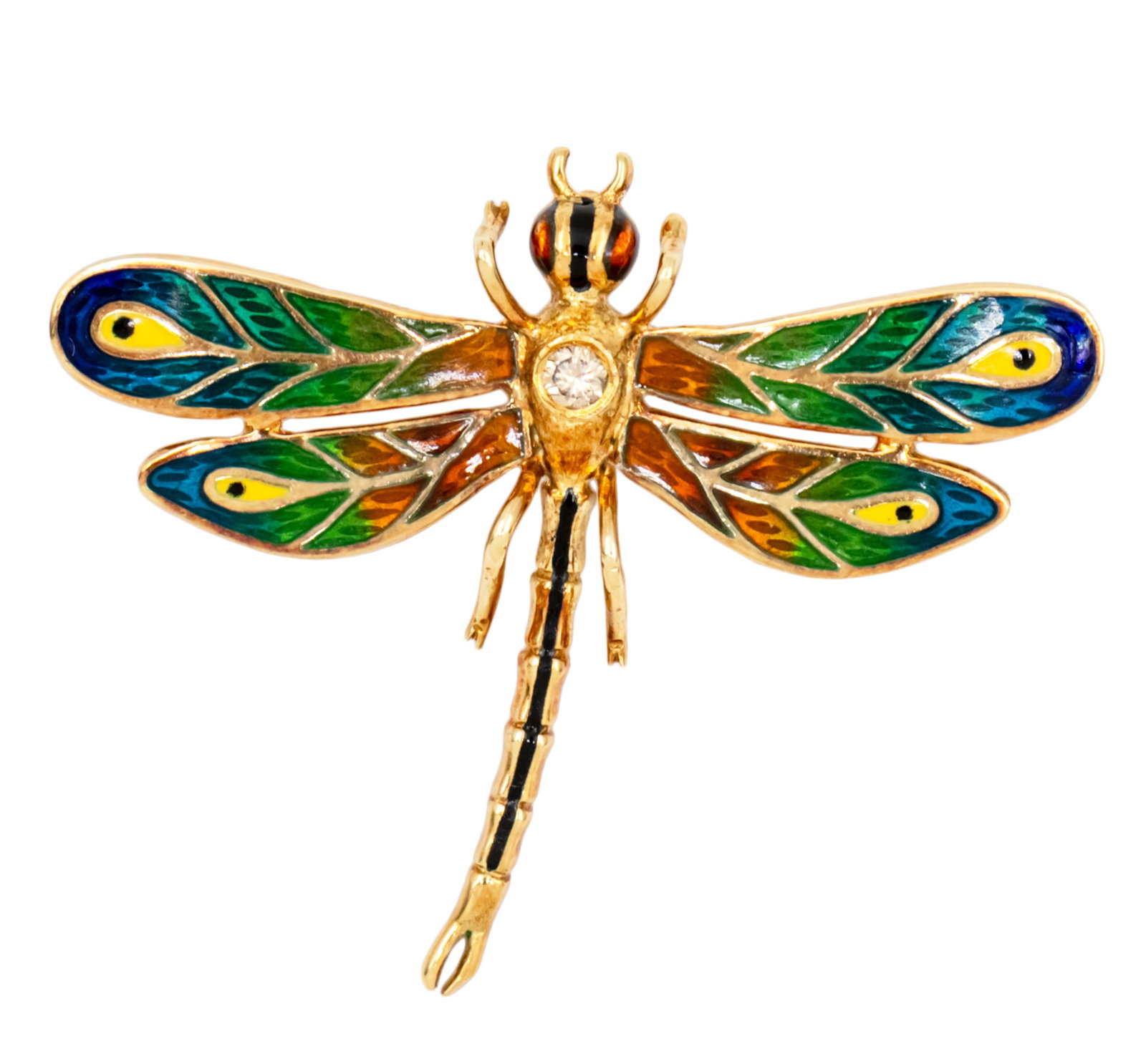 14k Yellow Gold, Diamond and Enamel Dragonfly Brooch Pendant. (1 of 4)