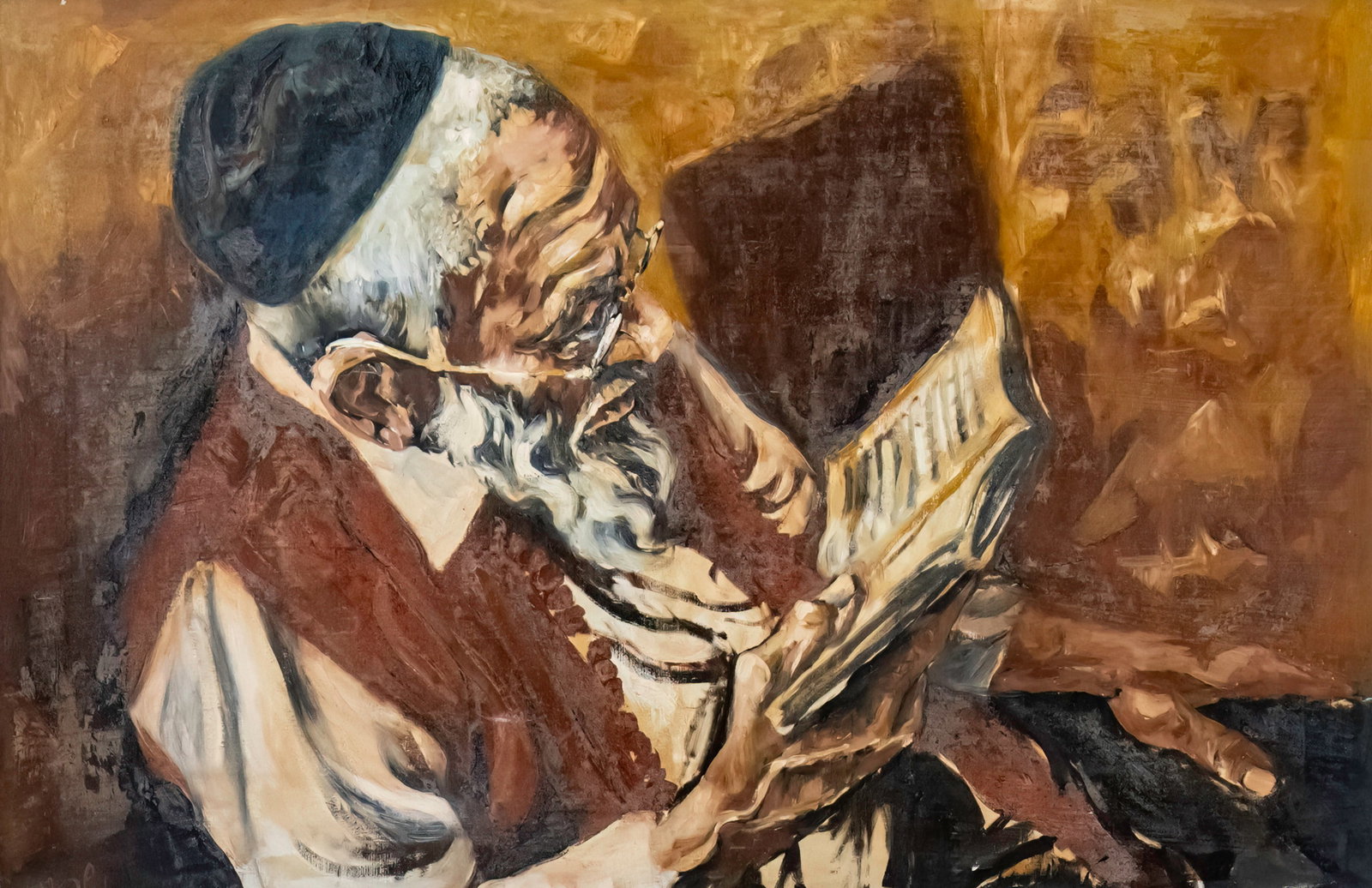 Moshe Gat (b.1935) - Reading Rabbi, Oil on Canvas. (1 of 3)