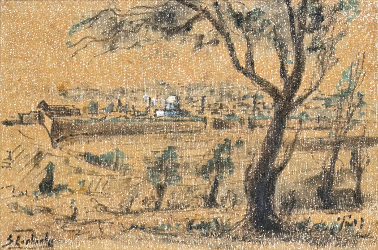 Zvi Rephaeli (1924-2005) - Jerusalem, Mixed Media on Canvas with Silver Threads.: Rabbi Zvi Rephaeli (1924-2005) - Jerusalem, Mixed Media on Canvas with Silver Threads. Signed. 33x50cm.