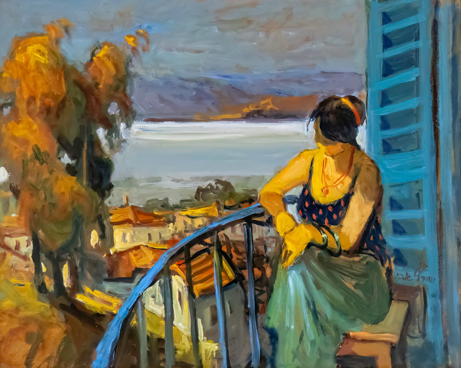 Avi Schwartz (b.1938) - Woman in the Balcony Overlooking the Kinnereth, Oil on Masonite. (1 of 4)