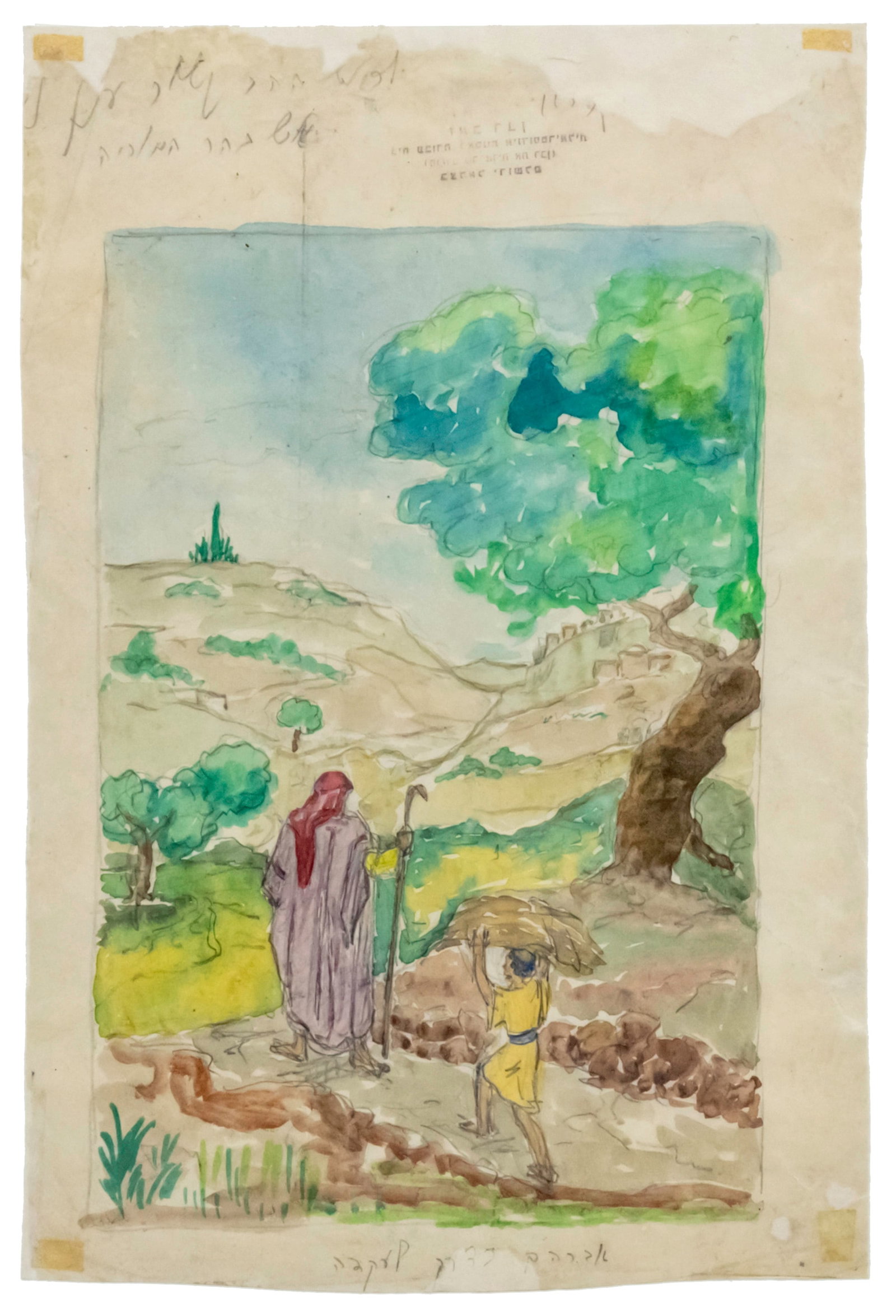 Zeev Raban (1890-1970) - Abraham on His Way to the Binding, Watercolor on Paper.: Zeev Raban (1890-1970) - Abraham on His Way to the Binding, Watercolor on Paper. Estate stamp. 30.5x20.5cm. Provenance: This drawing appears in the book - Zeev Raban Hebrew Symbolist, item 147, page 1