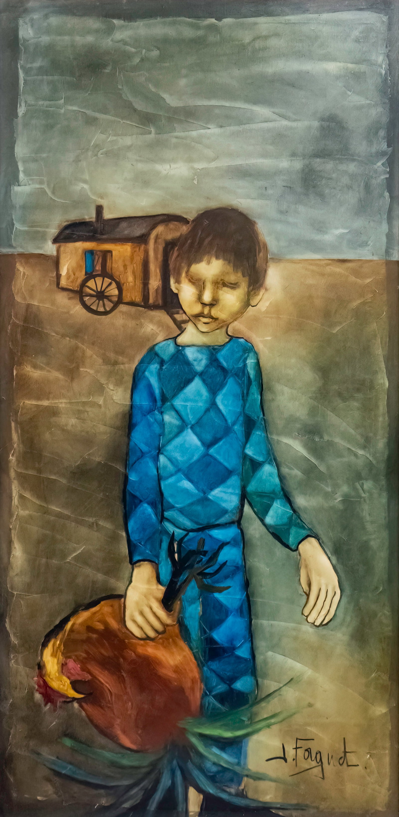 Josette Faquet (French, b.1940) - Boy with Rooster, Oil on Canvas. (1 of 4)