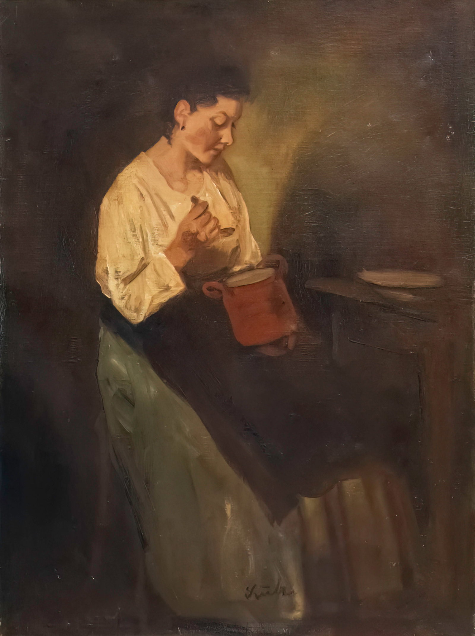 Peter Szule (Hungarian, 1886-1944) - Woman with Pot, Oil on Canvas. (1 of 4)