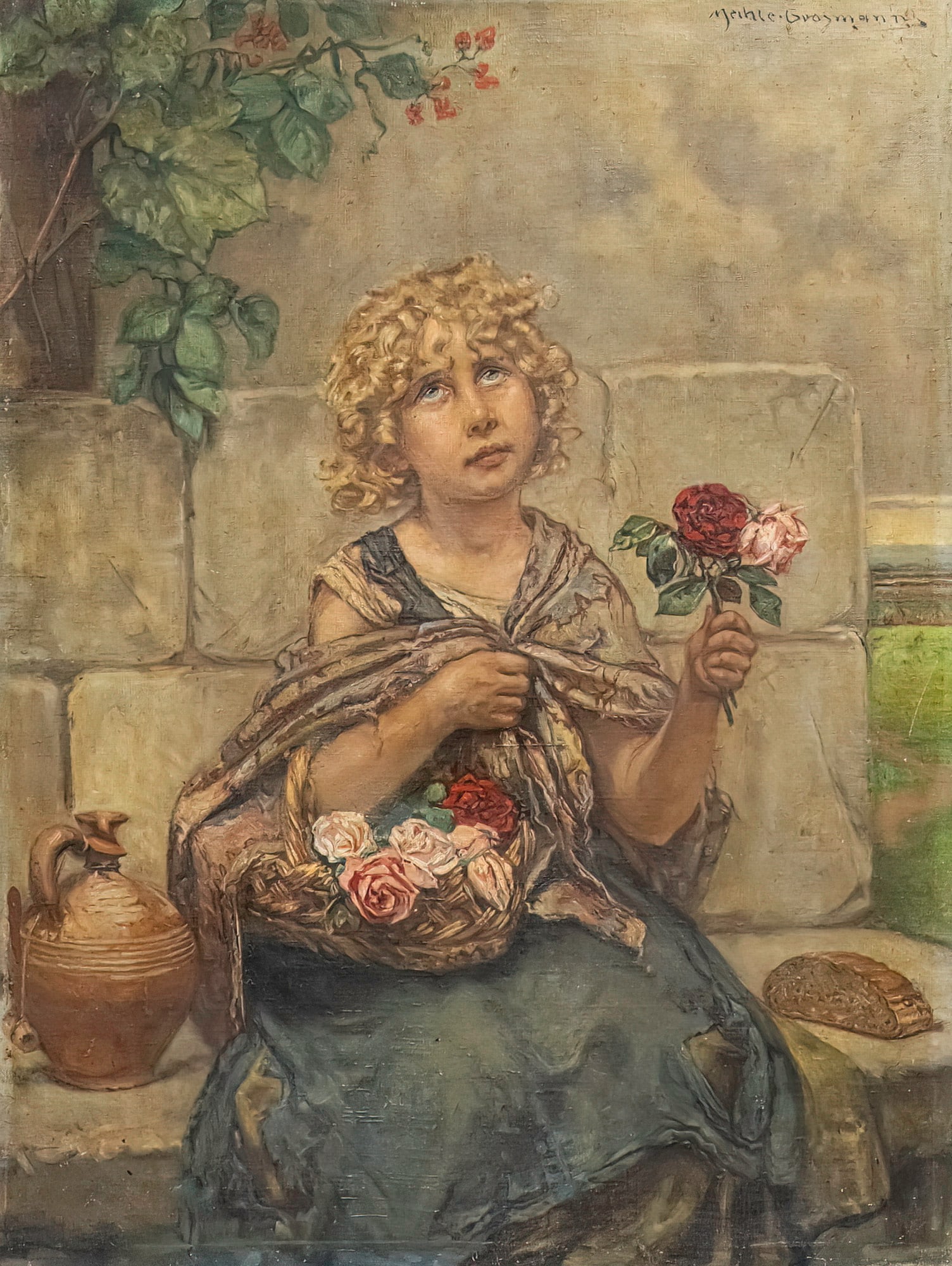 Hedwig Mechle-Grosmann (German, 1857-1928) - Girl with Roses, Oil on Canvas. (1 of 3)