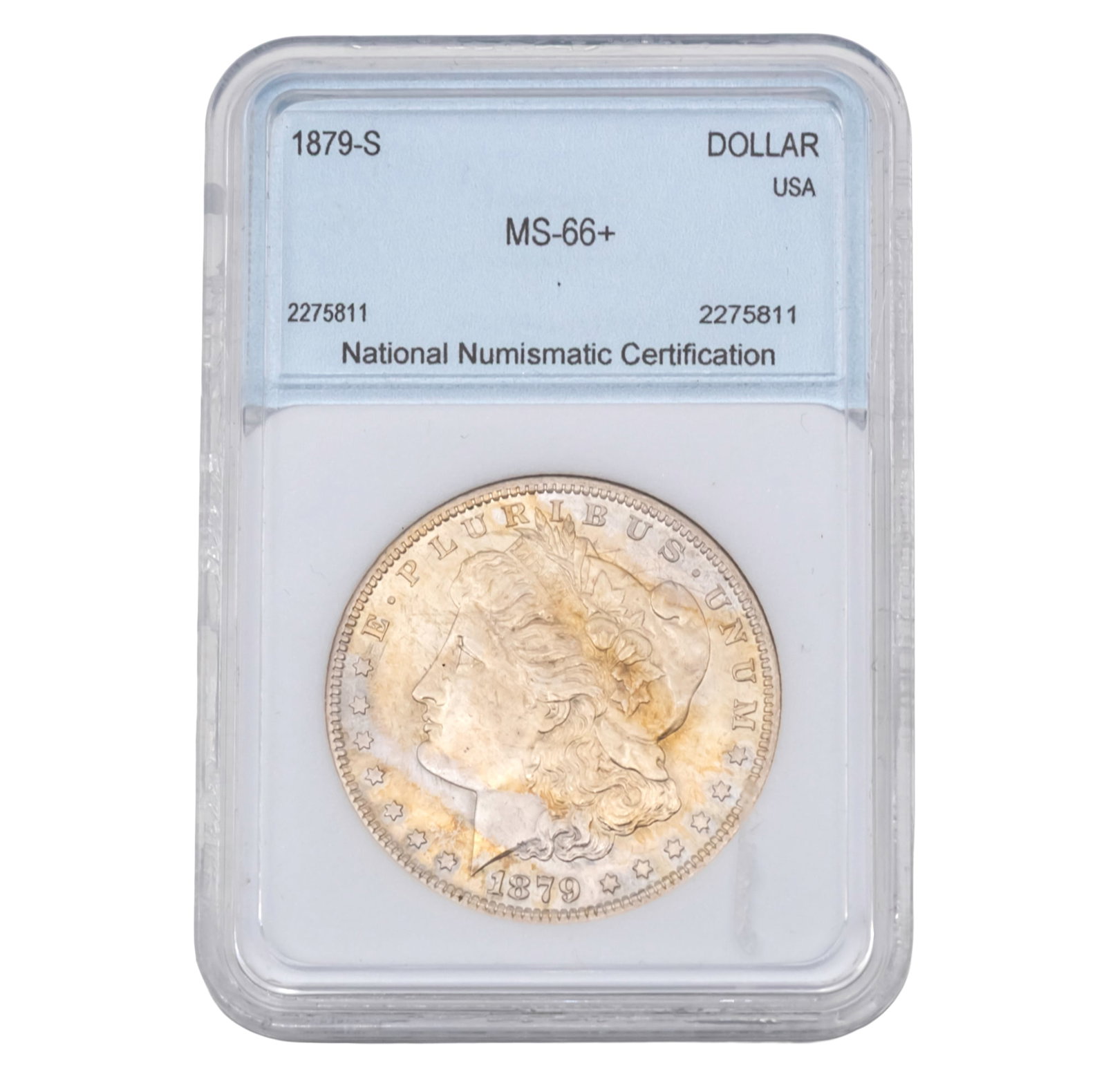 American Morgan Dollar Coin, 1879-S, Graded NNC MS66+.: American Morgan Dollar Coin, 1879-S, Graded NNC MS66+.