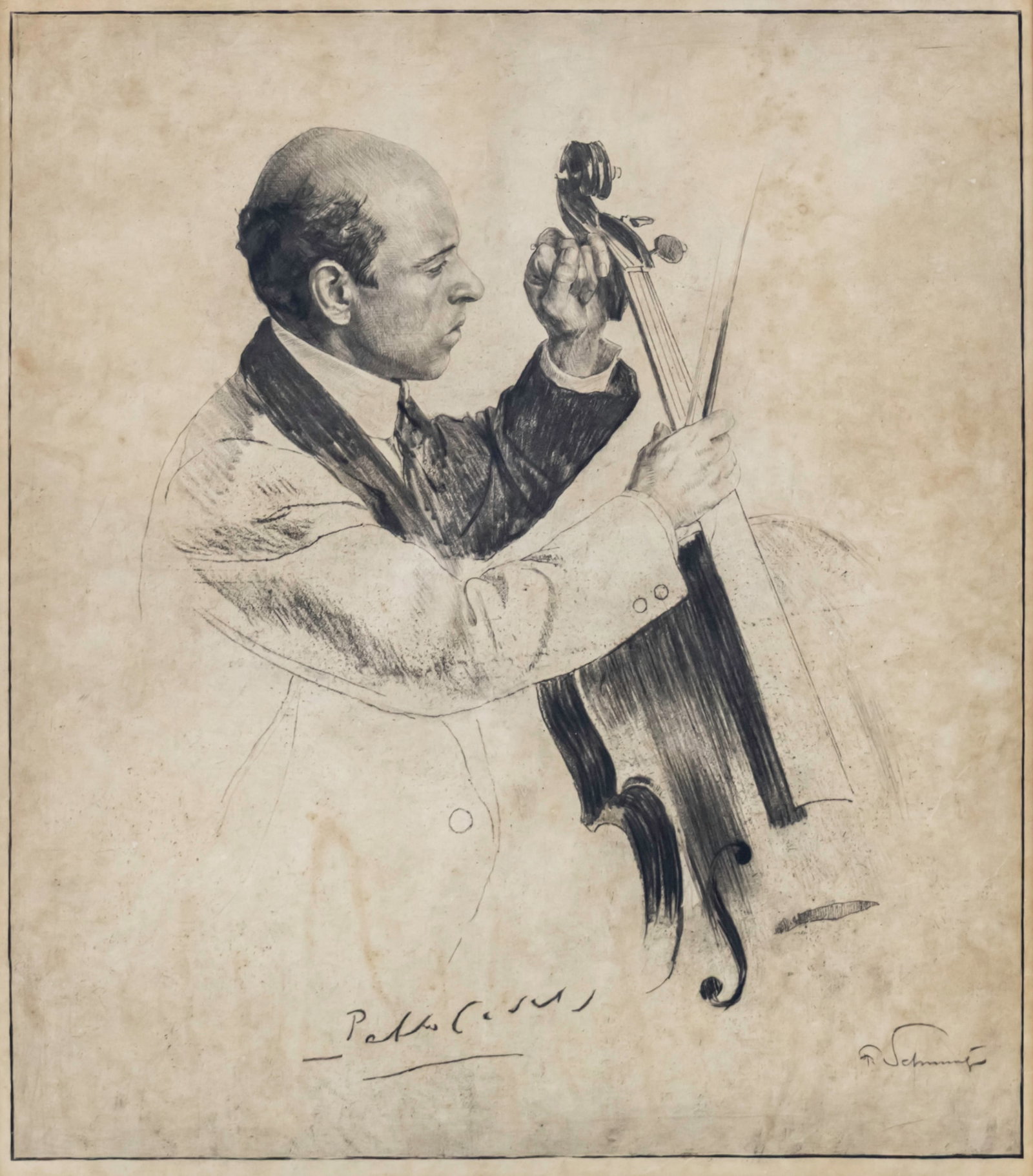 Ferdinand Schmutzer (Austrian, 1870-1928) - Pablo Casals, Etching.: Ferdinand Schmutzer (Austrian, 1870-1928) - Pablo Casals, Etching. Signed. Plate: 42.5x37cm. Sheet: 54.5x45cm.