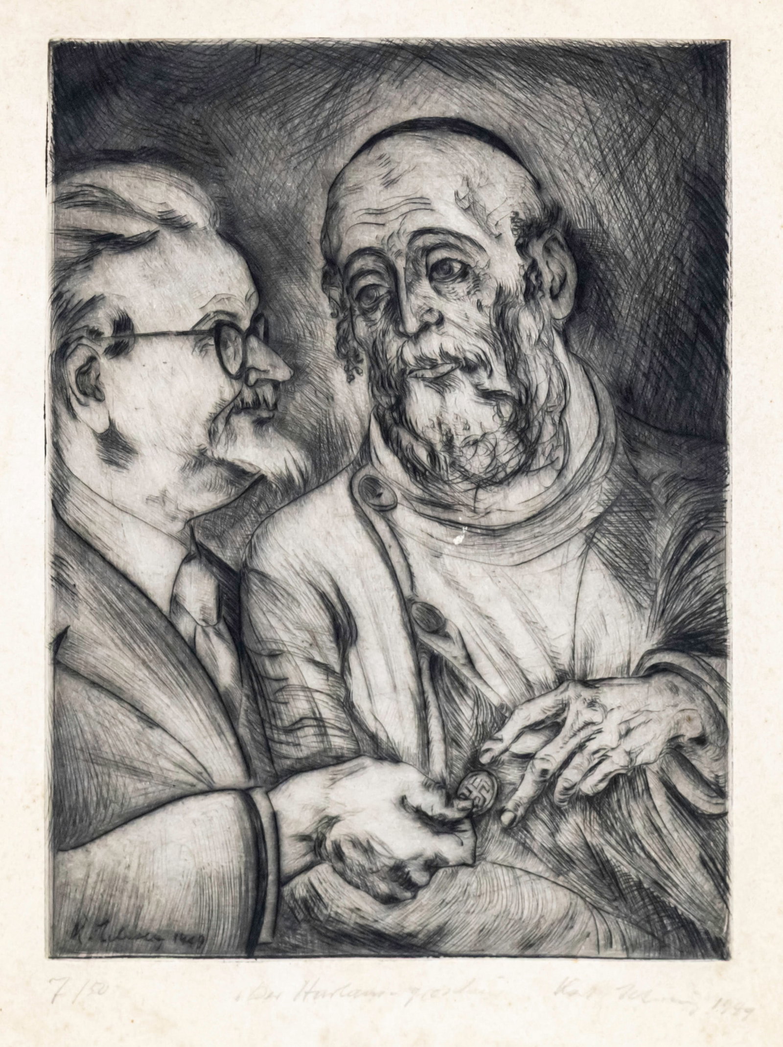 Karl Schwesig (German, 1898-1955) - Der Harlan Groschen, Etching, 1949.: Karl Schwesig (German, 1898-1955) - Der Harlan Groschen, Etching, 1949. Signed, titled and numbered - 7/50. Plate: 28x20.5cm. Sheet: 44.5x34cm. Harlan Groschen (Small Change for Harlan) from the serie
