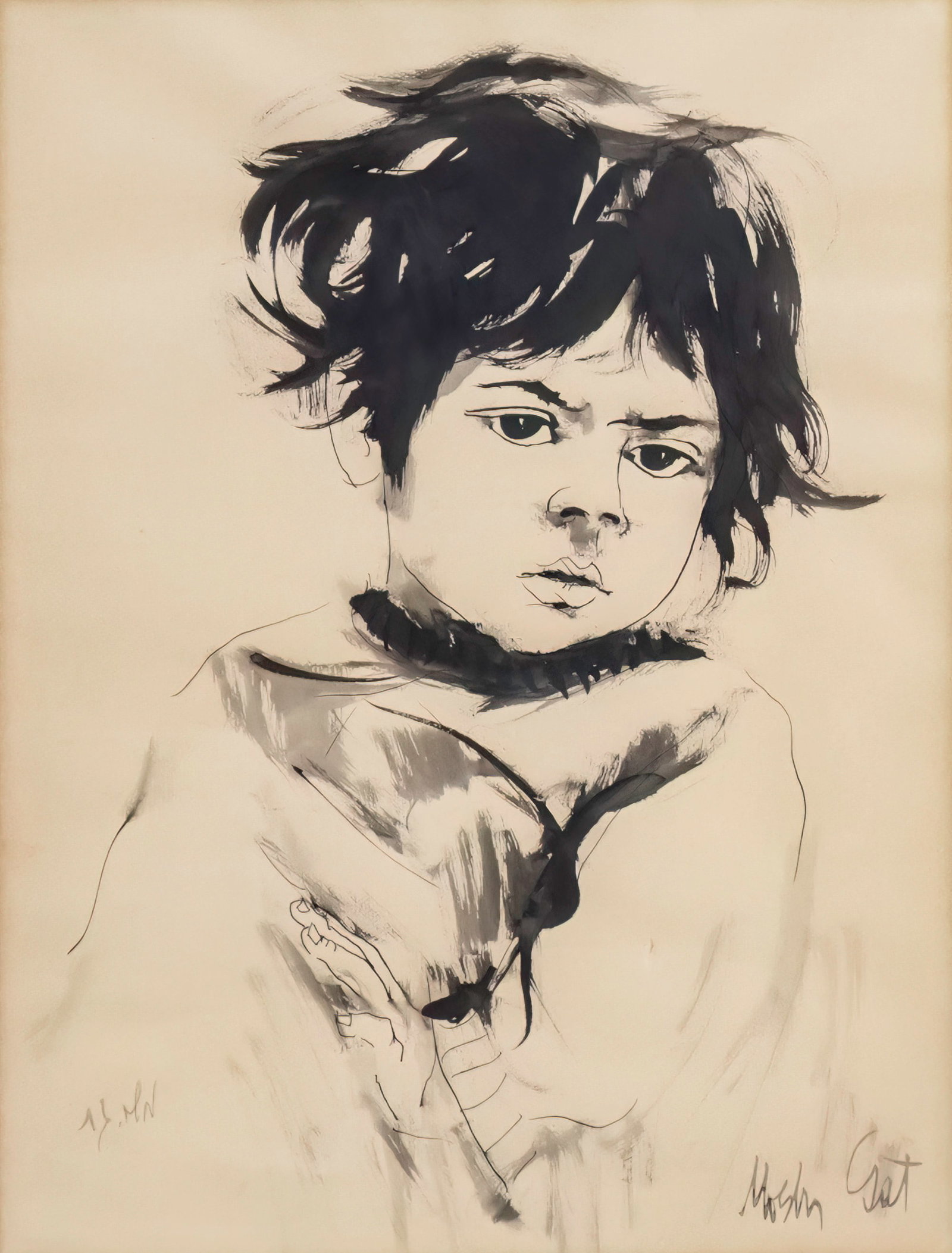 Moshe Gat (b.1935) - Boy, Watercolor on Paper.: Moshe Gat (b.1935) - Boy, Watercolor on Paper. Signed. 62x47cm.