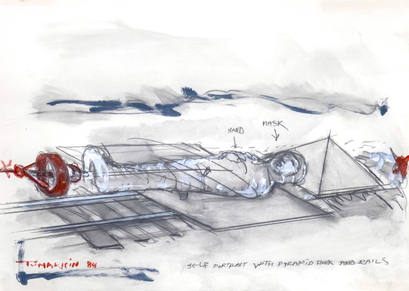 Igael Tumarkin (1933-2021) - Self Portrait with Pyramid Hook and Rails, Pencil, Watercolors and (1 of 2)