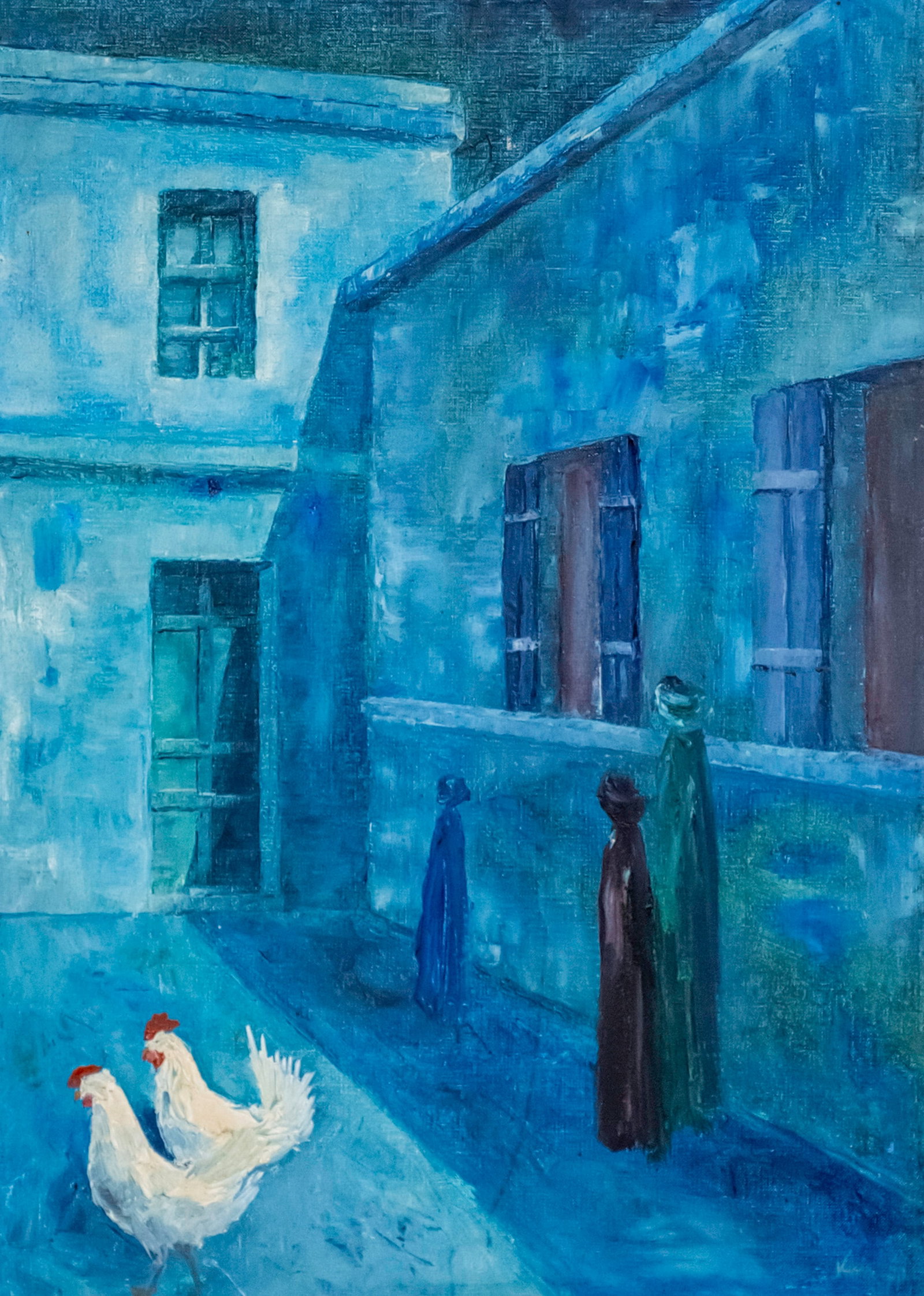 Zeev Kun (1930-2024) - Roosters in the Alley, Oil on Canvas.: Zeev Kun (1930-2024) - Roosters in the Alley, Oil on Canvas. Signed. 70x50cm.