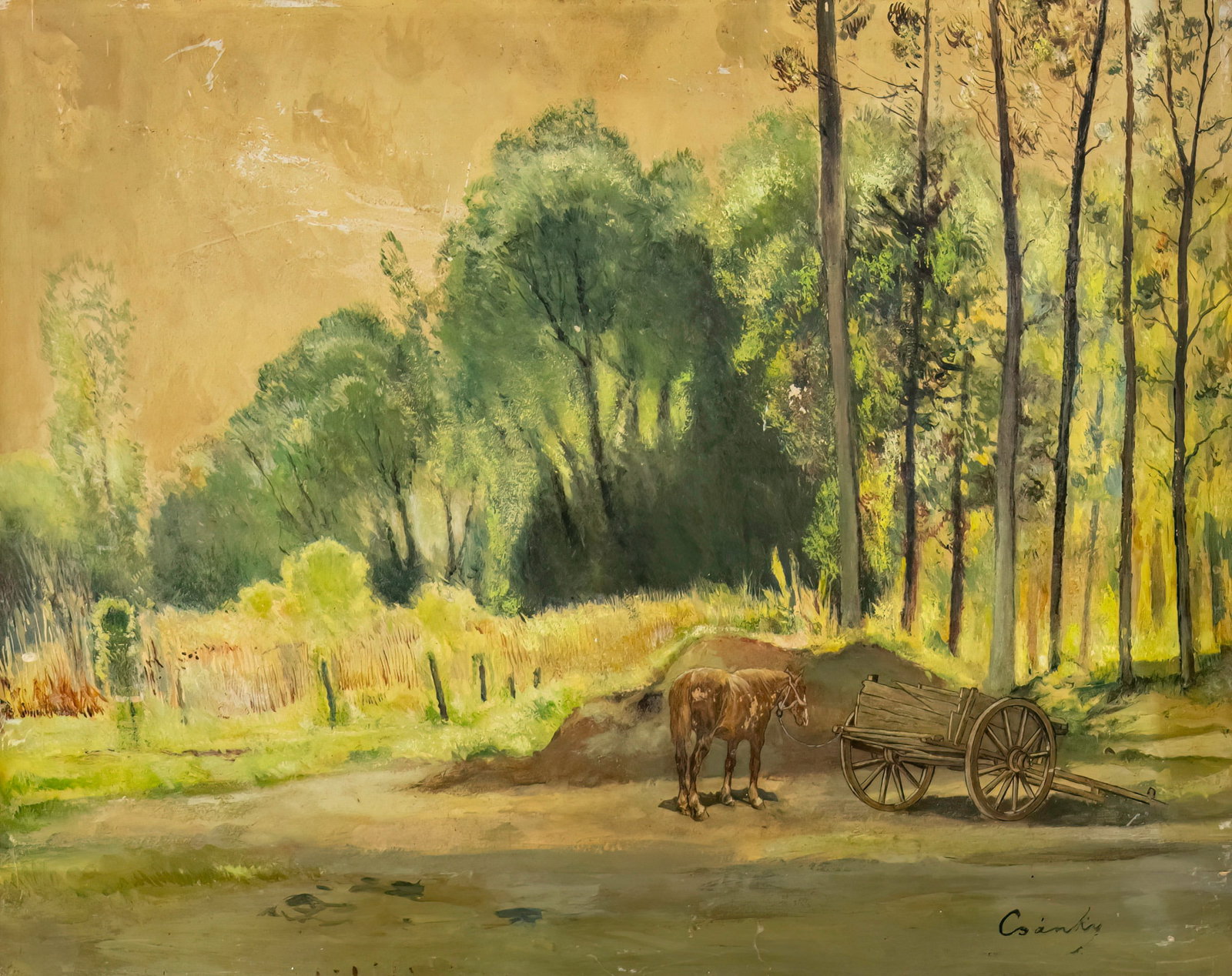 Denes Csanky (Hungarian, 1885-1972) - Horse and Wagon in the Landscape, Oil on Board. (1 of 2)