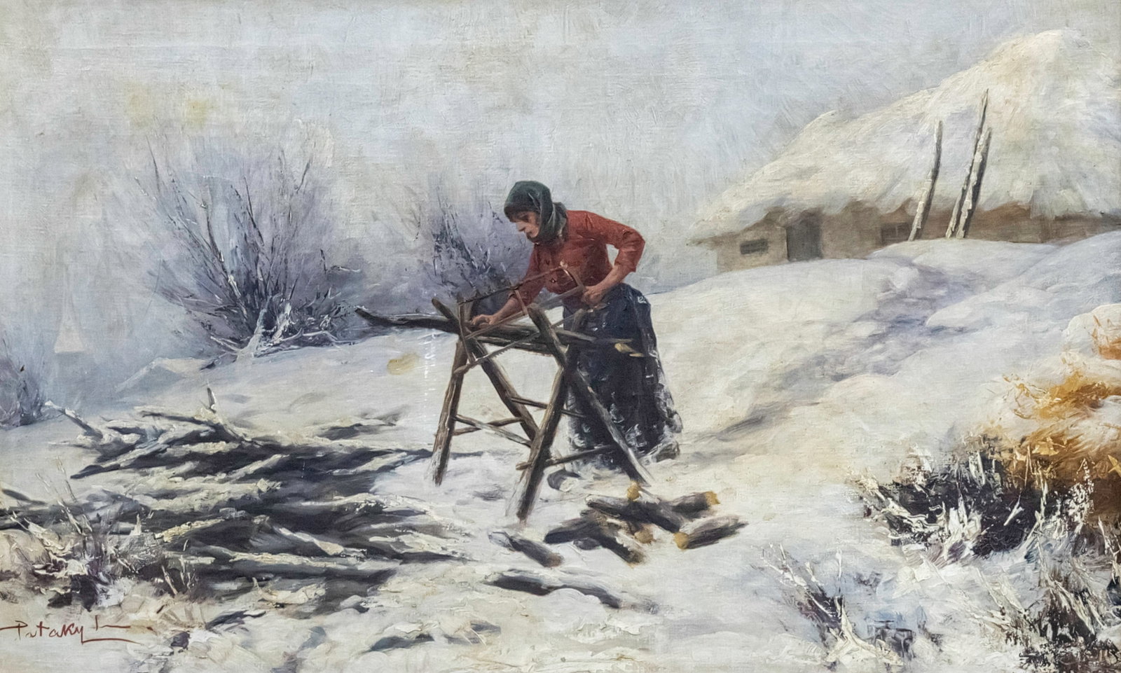 Laszlo Pataky Von Sospatak (Hungarian, 1857-1912) - Woman Sawing, Oil on Canvas. (1 of 5)