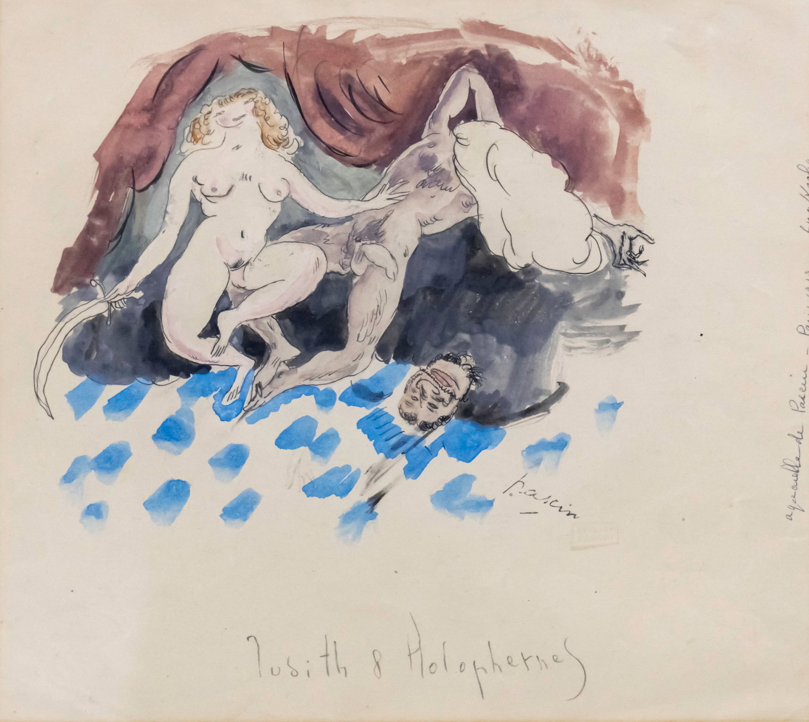 Jules Pascin (French, 1885-1930) - Judith and Holofernes, Watercolor on Paper.: Jules Pascin (French, 1885-1930) - Judith and Holofernes, Watercolor on Paper. Pascin Estate stamp. 20x23cm.