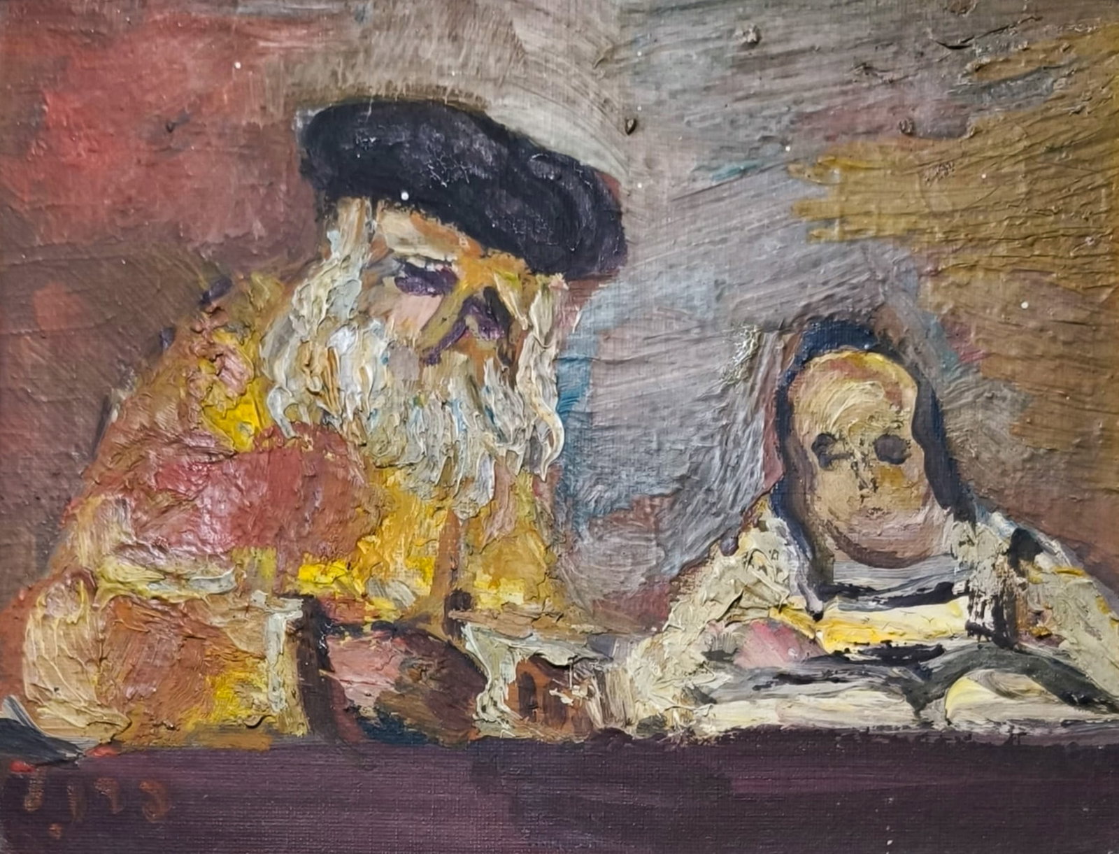 Yitzhak Frenkel Frenel (1899-1981) - Torah Lesson, Oil on Canvas.: Yitzhak Frenkel Frenel (1899-1981) - Torah Lesson, Oil on Canvas. Signed. 19x23cm.