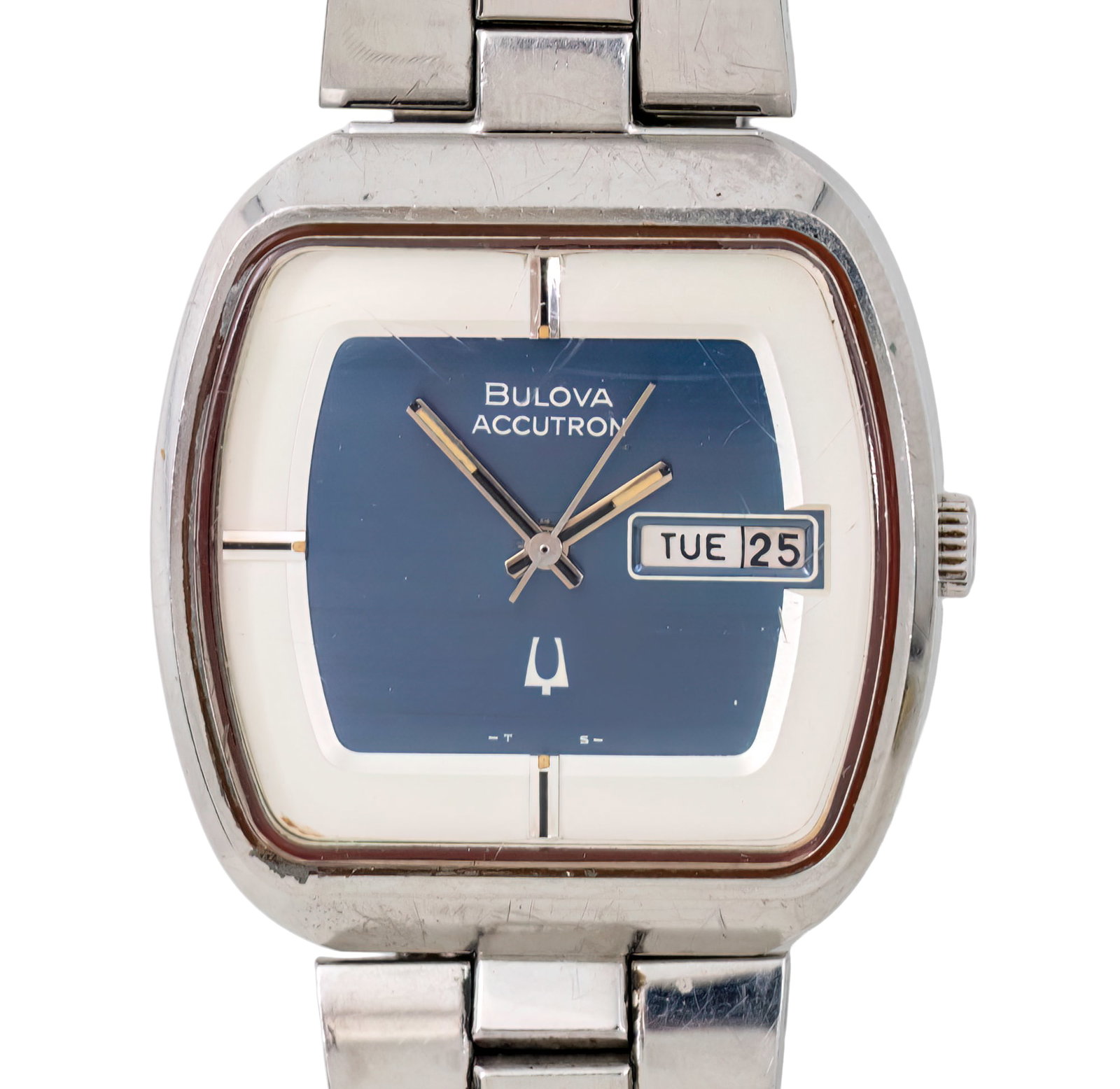 Bulova Accutron Wristwatch.: Bulova Accutron Wrist Watch. Electronic movement, Tuning Fork, working condition. date and day. Original stainless steel bracelet (a bit short) with original deployment buckle. 40x38mm.