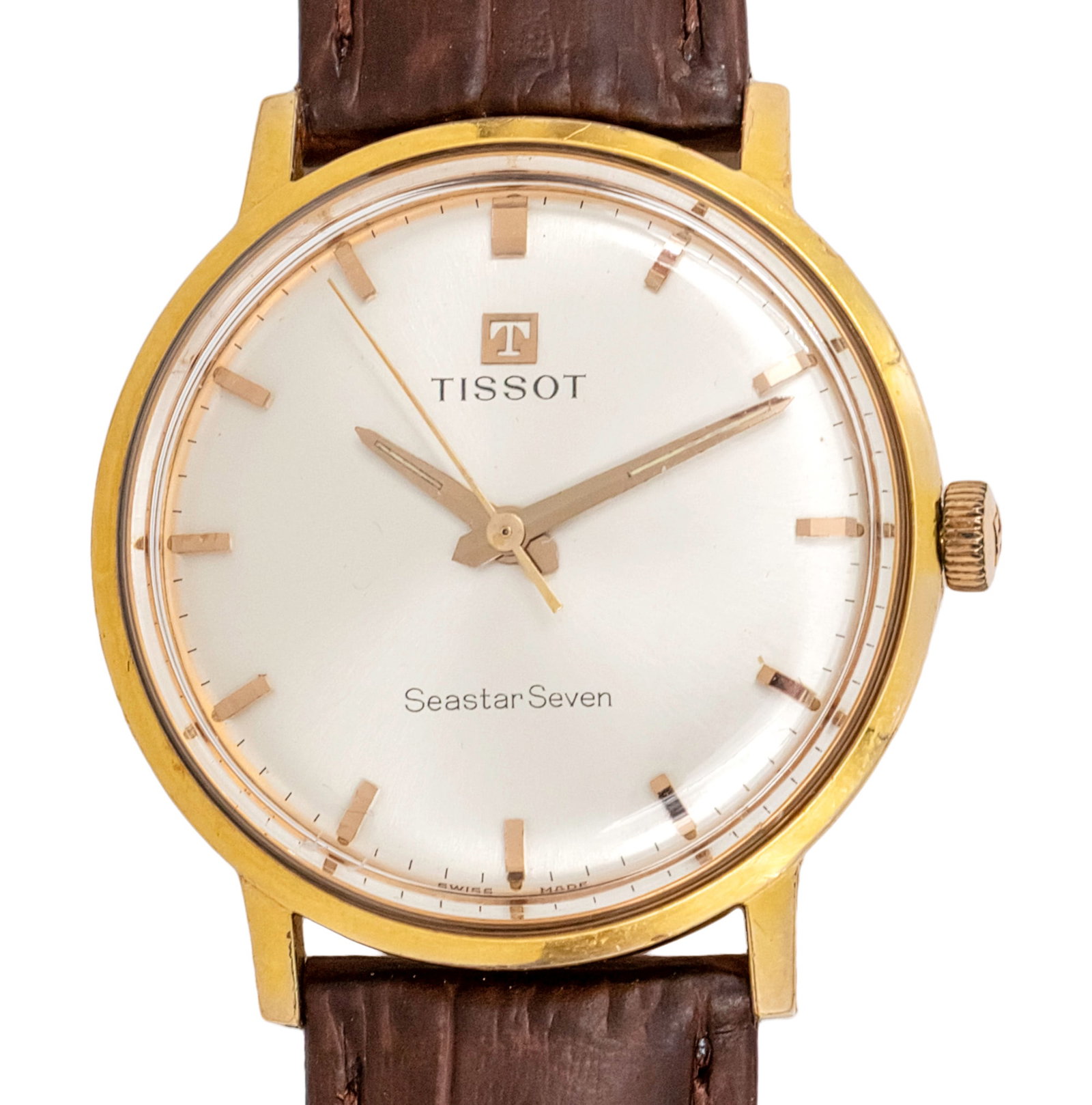 Tissot Seastar Seven 14k Gold Wristwatch.: Tissot Seastar Seven 14k Gold Wrist Watch. Mechanical movement, working condition. Leather strap. 34mm.