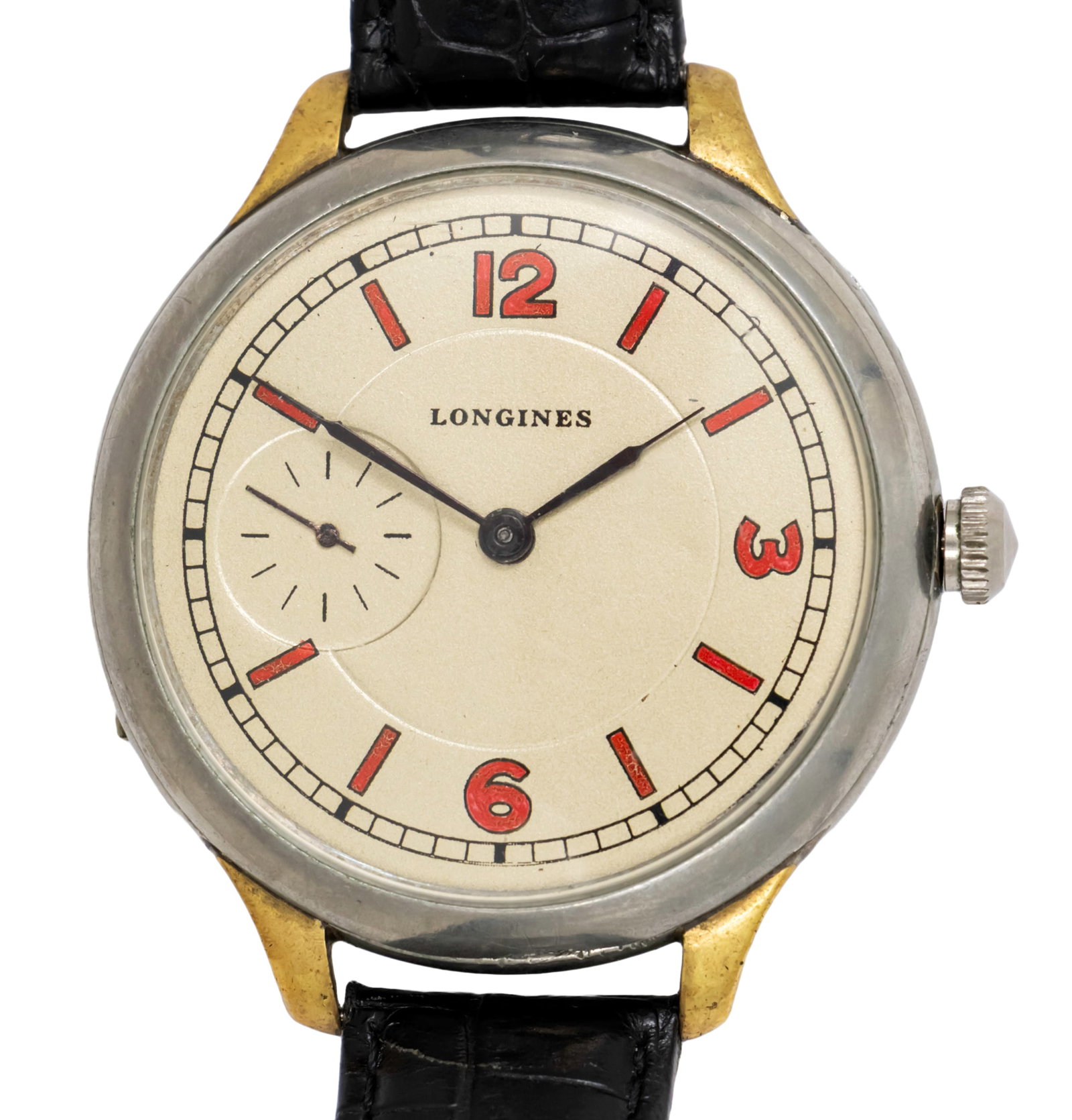 Longines Wristwatch.: Longines Wristwatch. Pocket watch adapted to wristwatch. Original dial with red enamel index.. Cal: 1869Z Leather strap. 51mm.