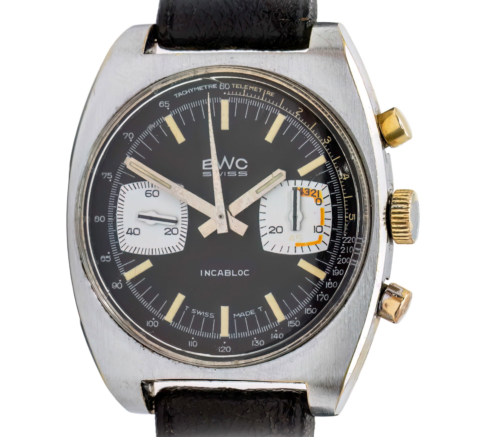 BWC Chronograph Wrist Watch.: BWC Chronograph Wrist Watch. Mechanical movement, working condition. Leather strap. Cal: Valjoux 7733 36mm.