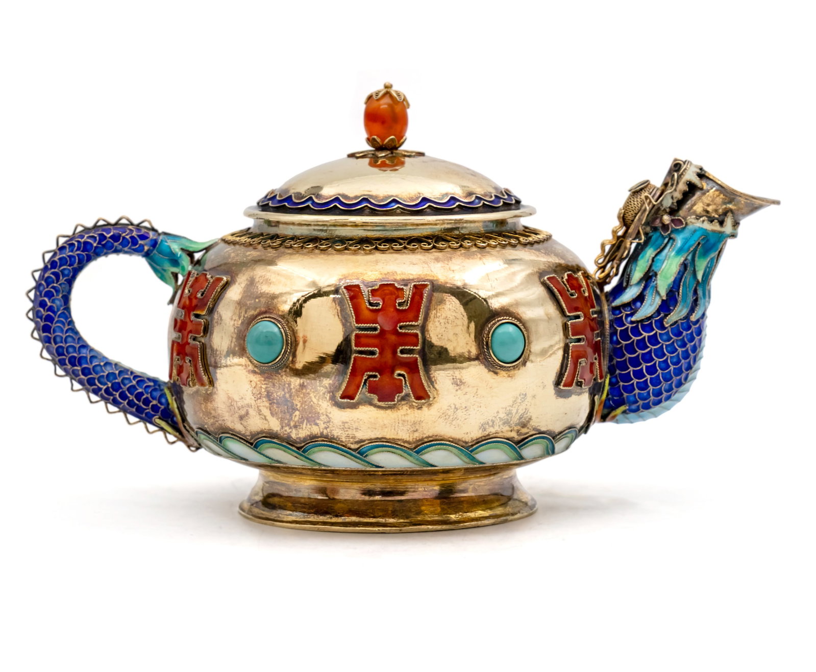 Chinese Export Gilt Silver, Enamel and Gemstones Teapot, Early 20th Century. (1 of 1)
